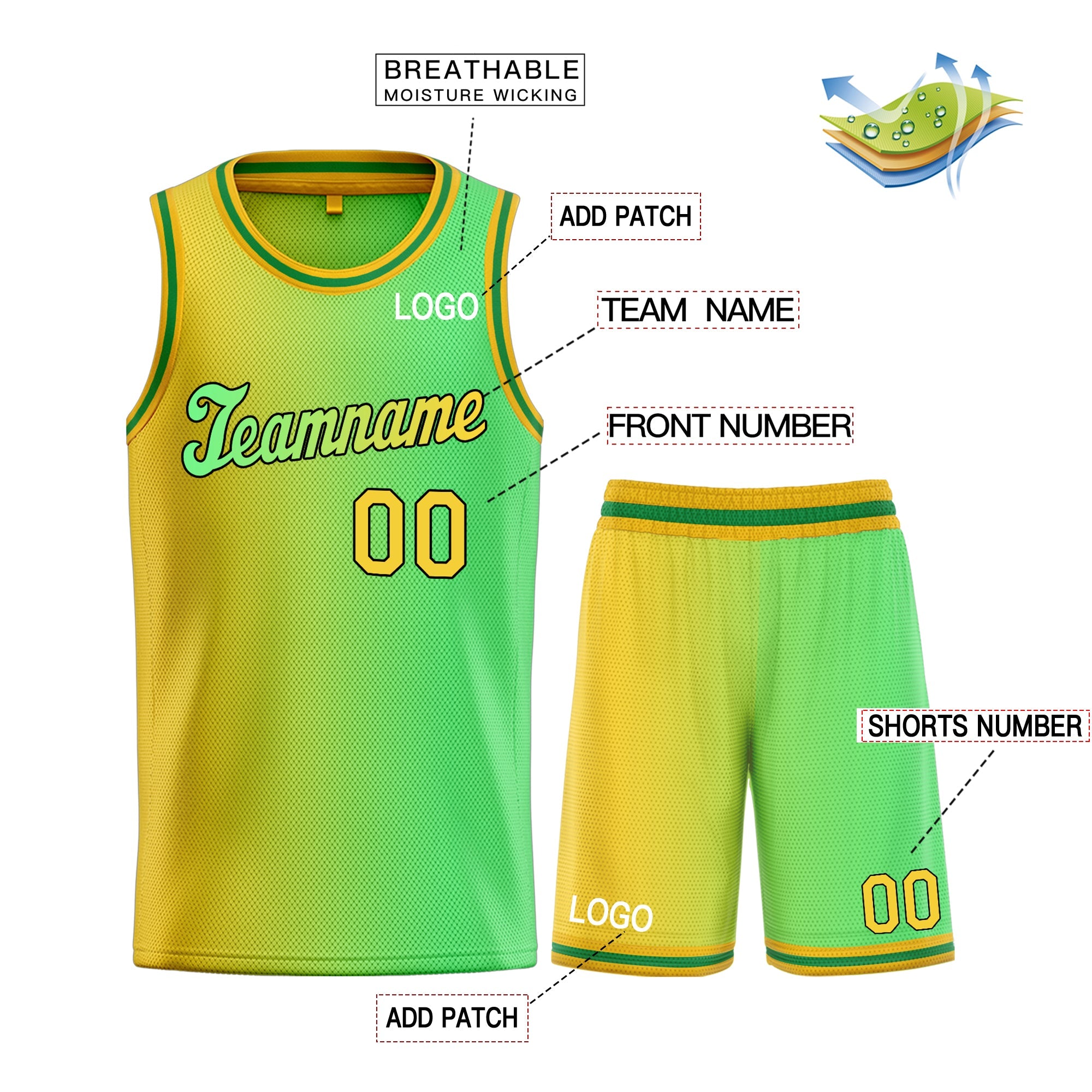 Maillot de basket-ball personnalisé, vert néon, jaune, dégradé, ensembles de mode