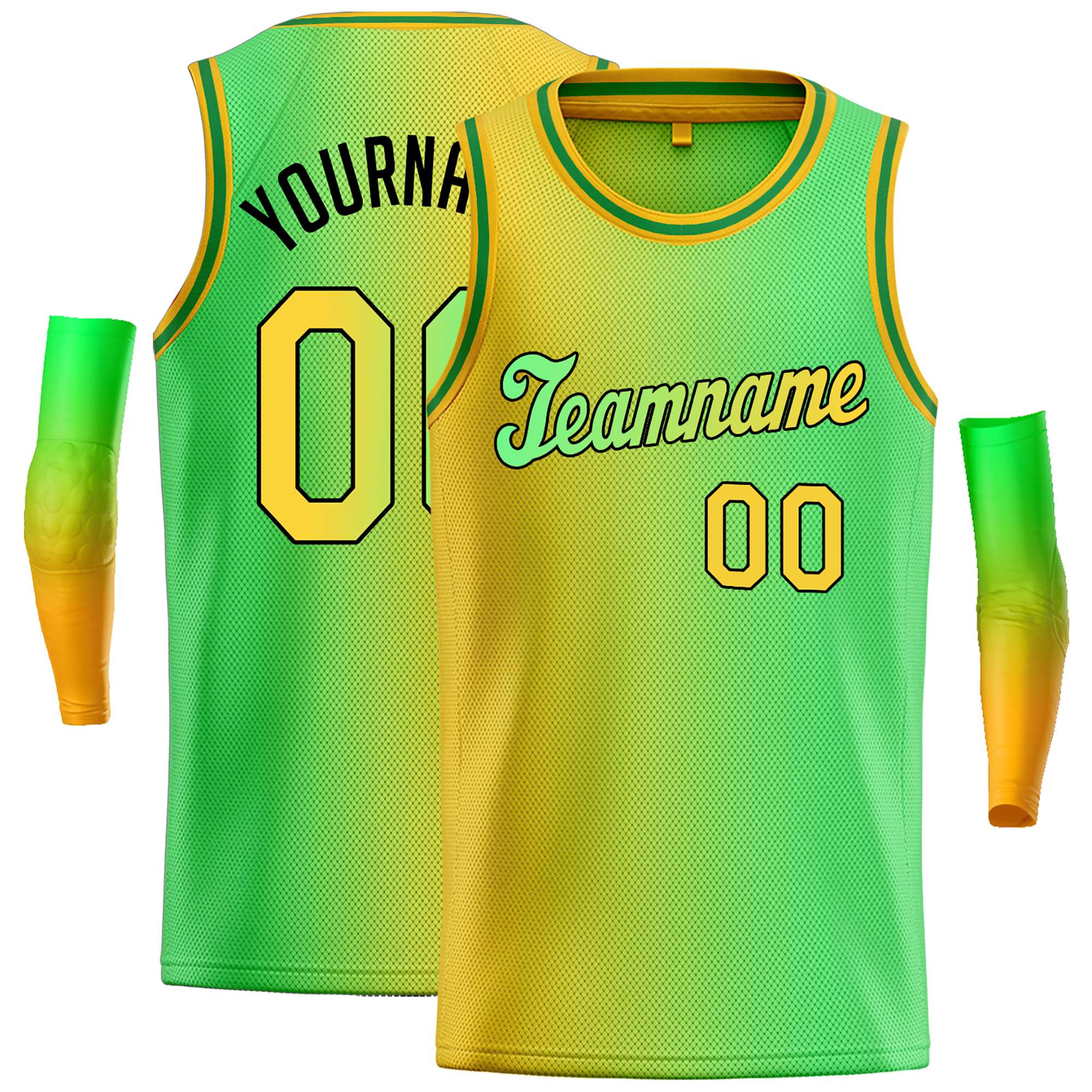 Maillot de basket-ball incliné, personnalisé, jaune néon, vert-noir, dégradé, hauts à la mode