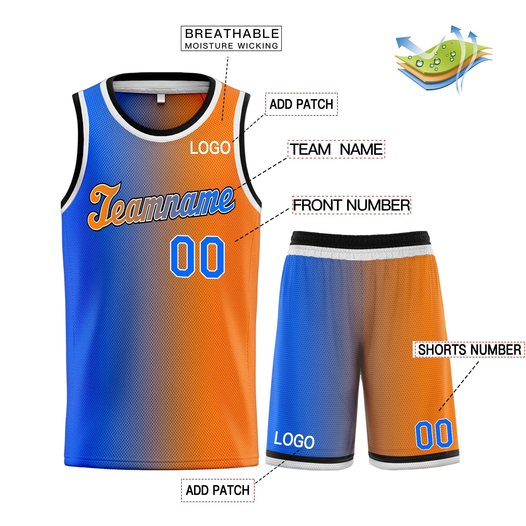 La mode personnalisée Orange bleu dégradé définit le maillot de basket-ball