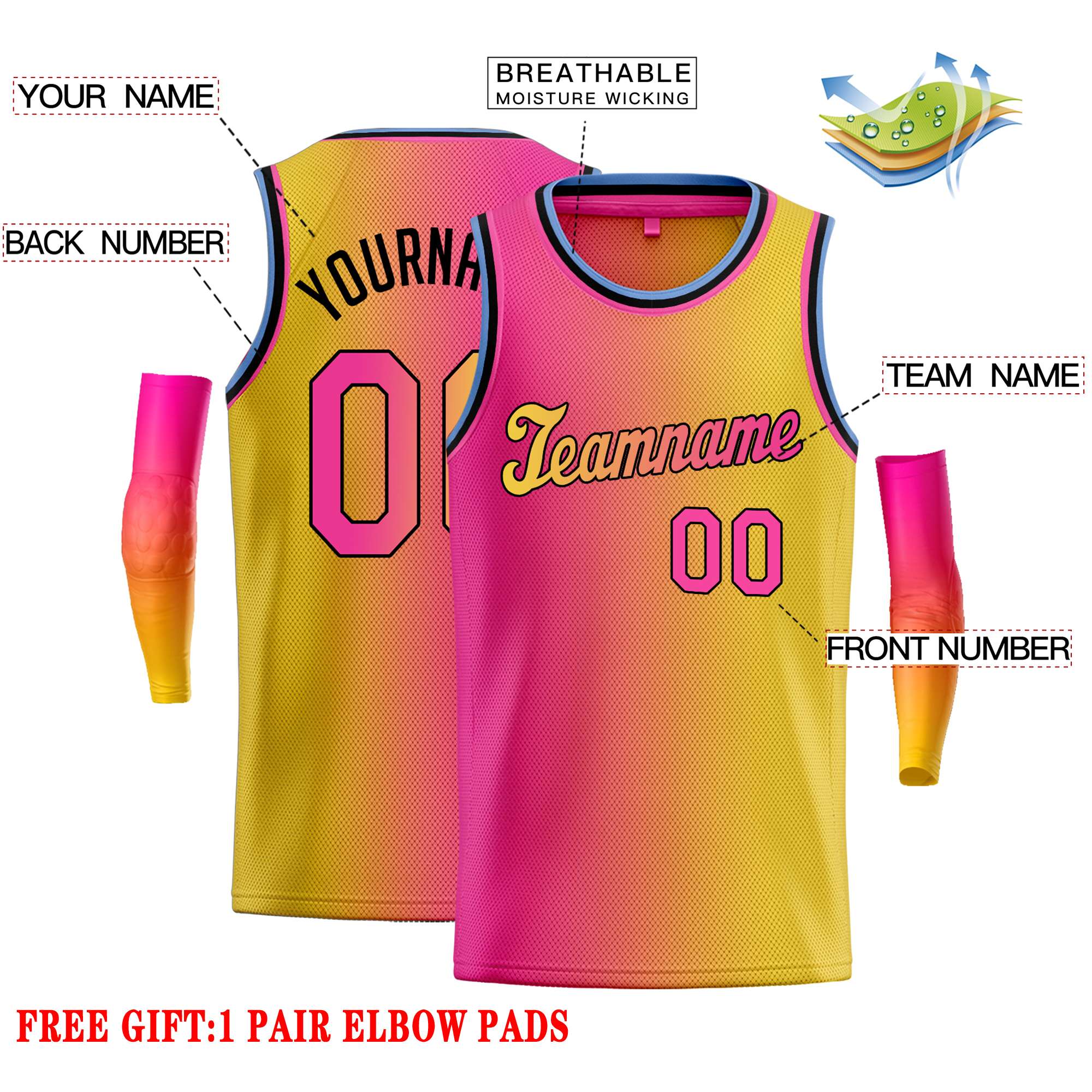 Custom Pink Yellow Black-Yellow Gradient Fashion Tops Tilted Basketball Jersey