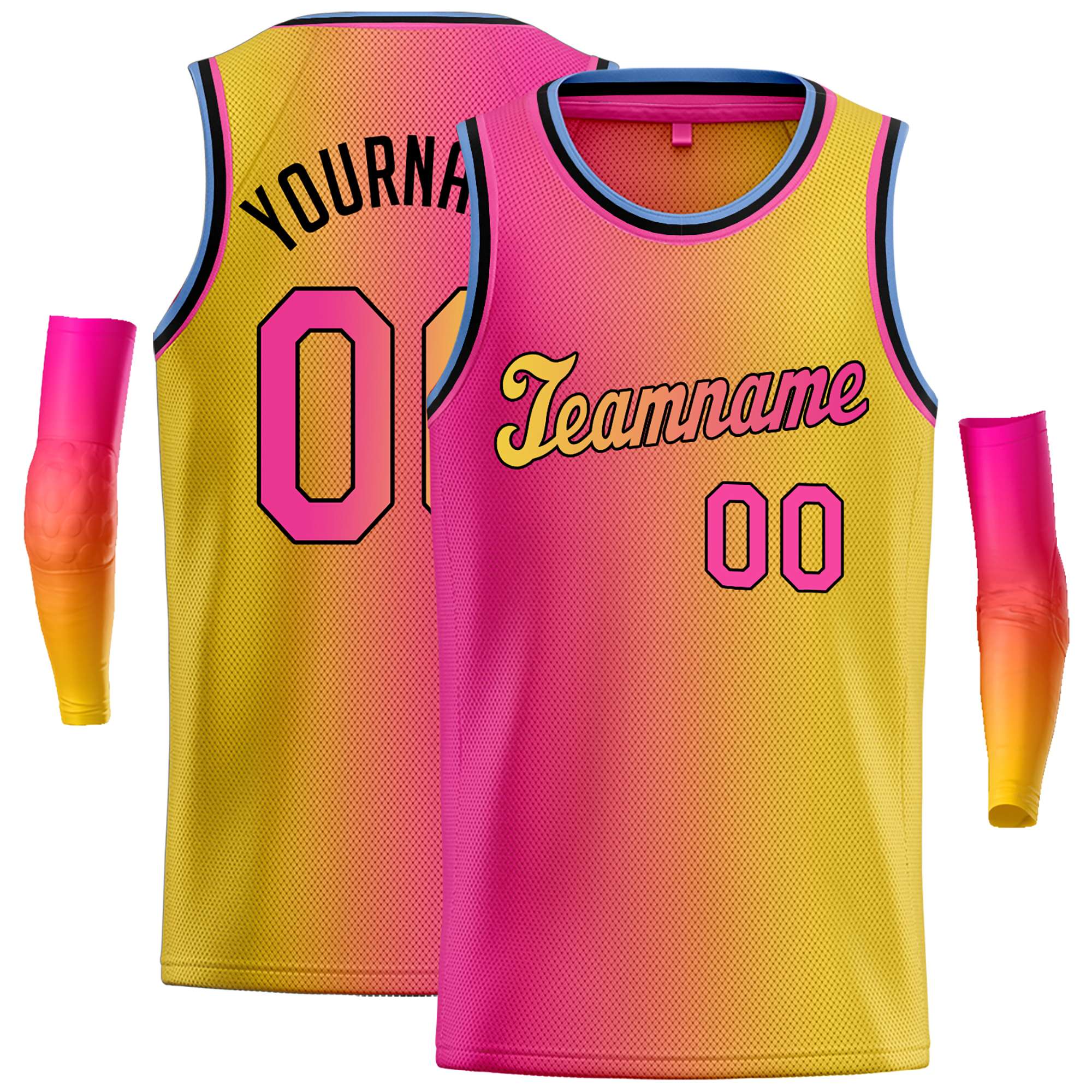 Maillot de basket-ball incliné, personnalisé, rose, jaune, noir-jaune, dégradé, hauts à la mode