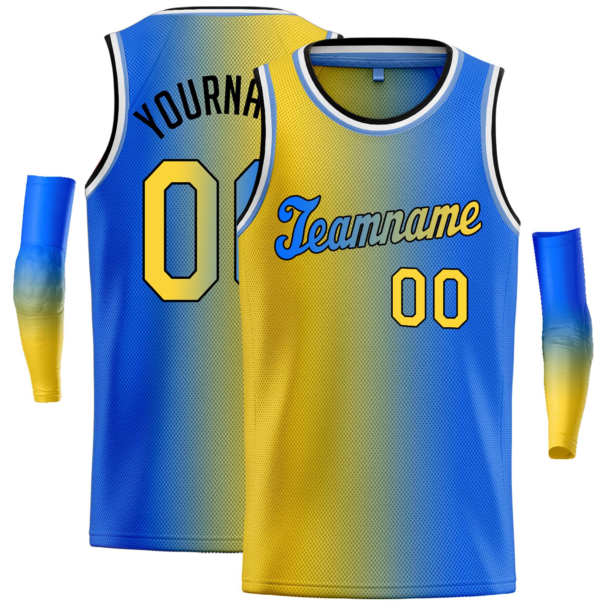 Maillot de basket-ball incliné, personnalisé, jaune, bleu, noir-bleu, dégradé, hauts à la mode