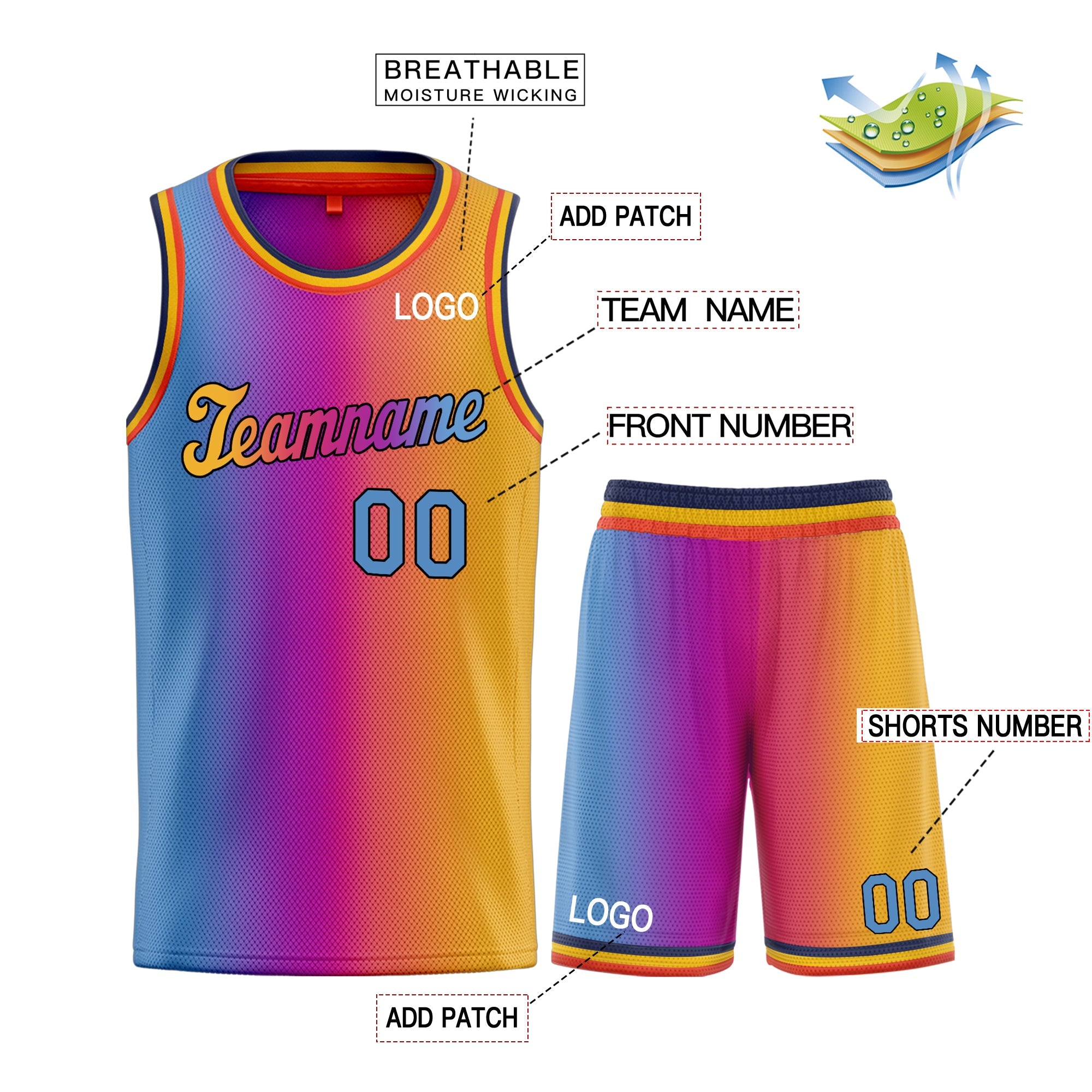 Custom Blue Pink-Yellow Gradient Fashion Sets Basketball Jersey