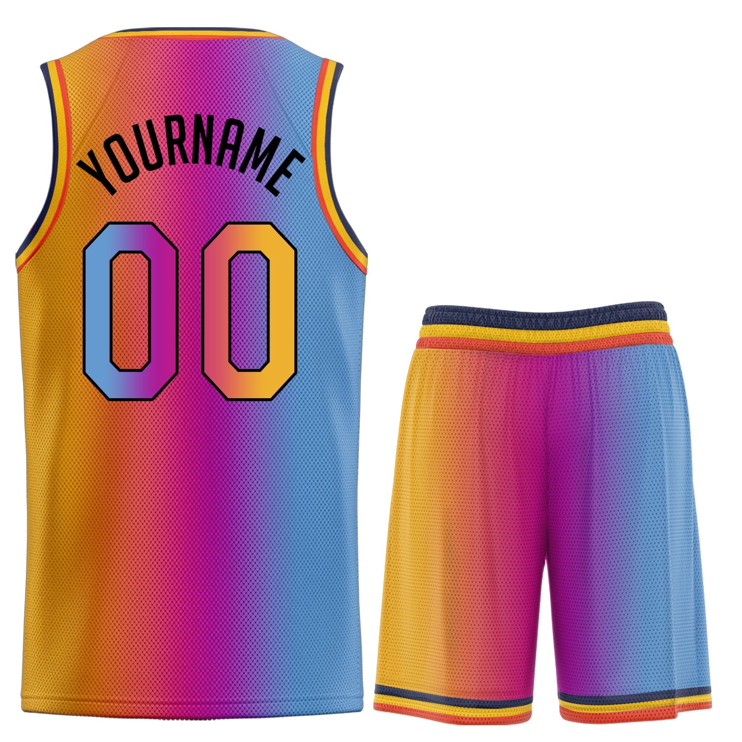 La mode dégradée bleu rose-jaune personnalisée définit le maillot de basket-ball de sport