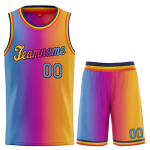 La mode dégradée bleu rose-jaune personnalisée définit le maillot de basket-ball de sport