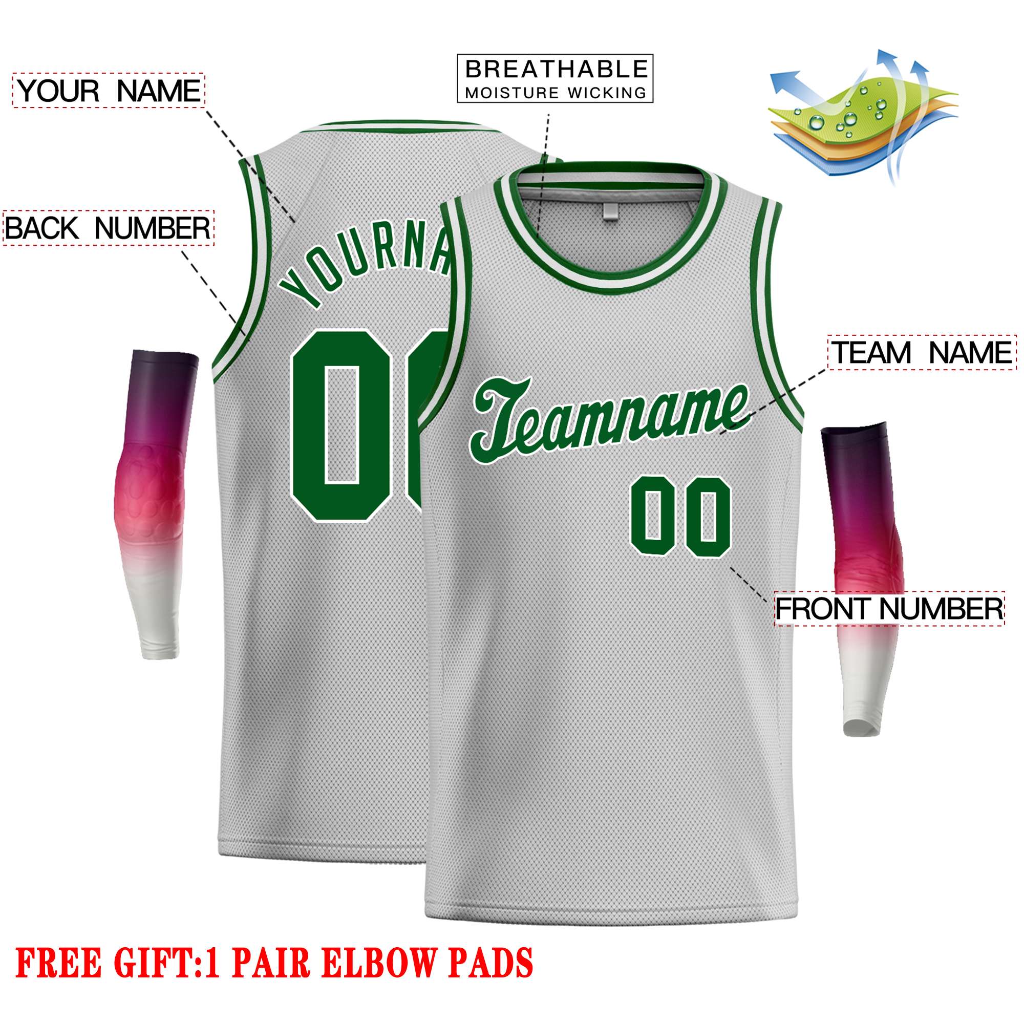 Custom Gray Green-White Classic Tops Casual Basketball Jersey