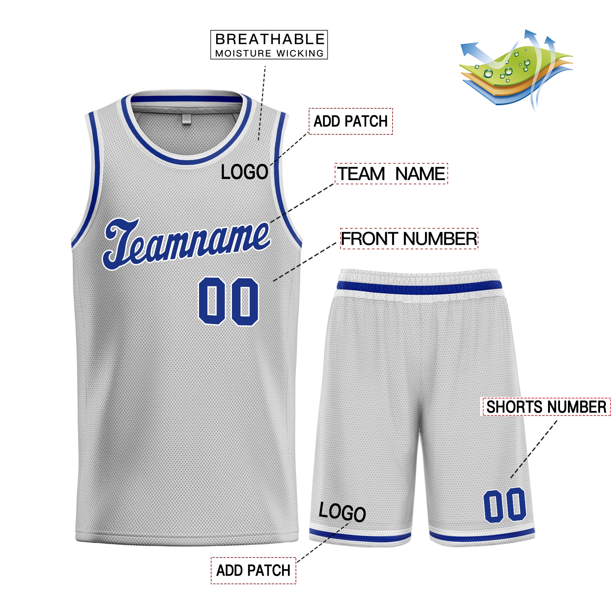 Maillot de basket-ball personnalisé gris Royal-blanc, ensembles classiques