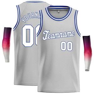 Maillot de basket-ball décontracté, personnalisé, gris blanc-Royal, hauts classiques, décontracté