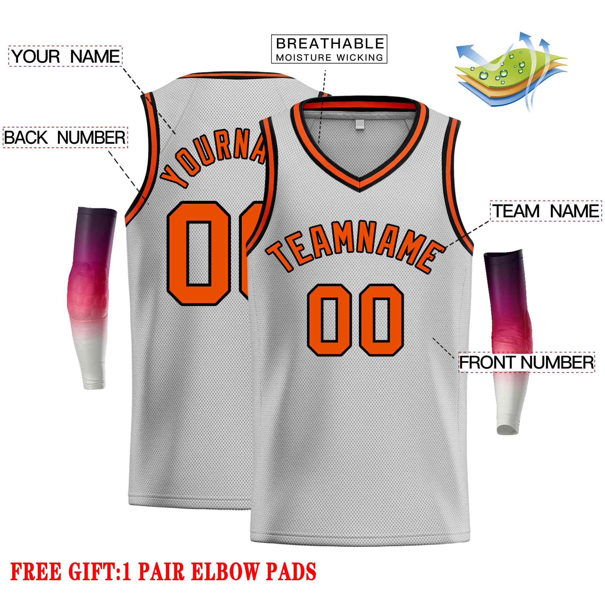 Maillot de basket-ball décontracté pour hommes, haut classique personnalisé gris Orange-noir