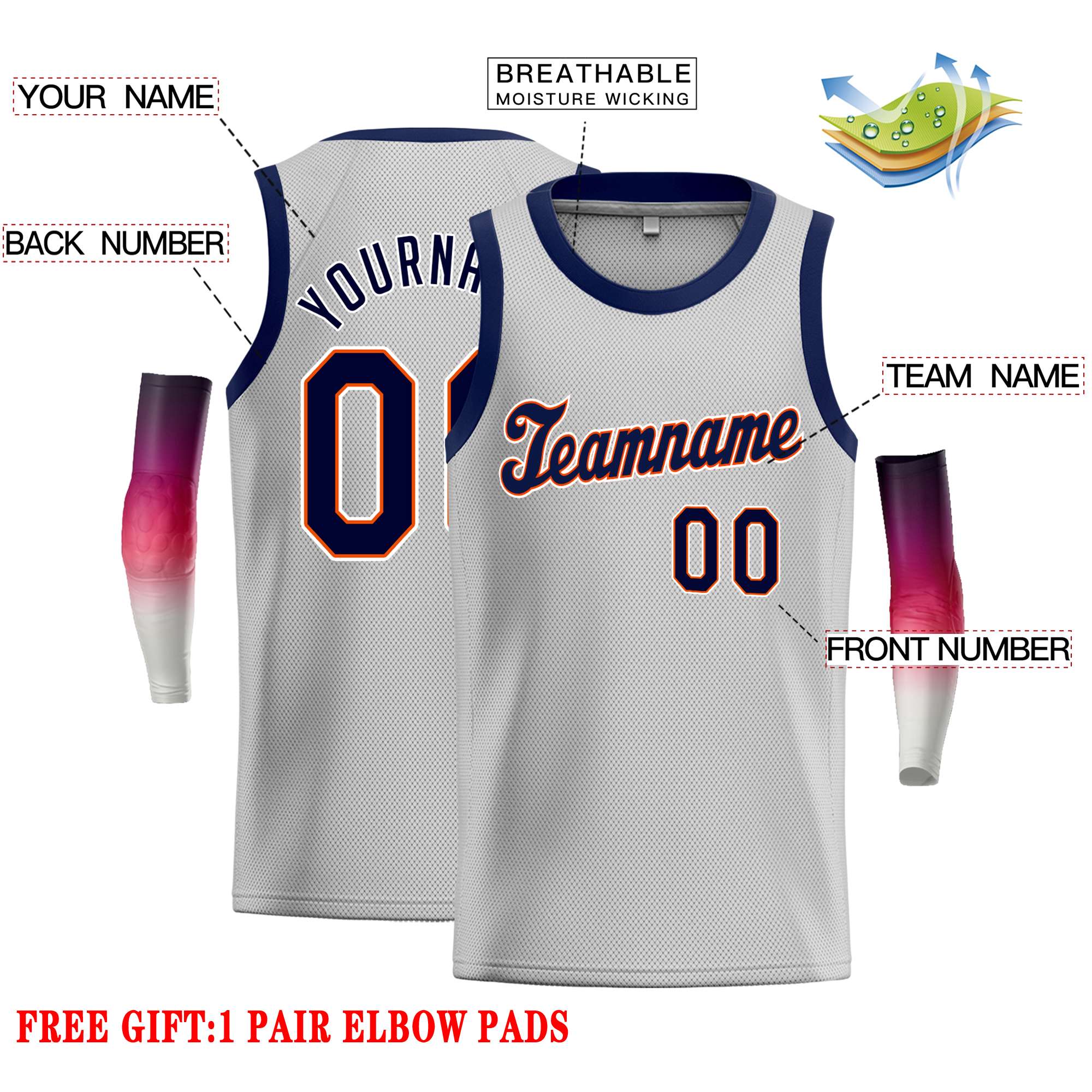 Custom Gray Navy-Orange Classic Tops Casual Basketball Jersey