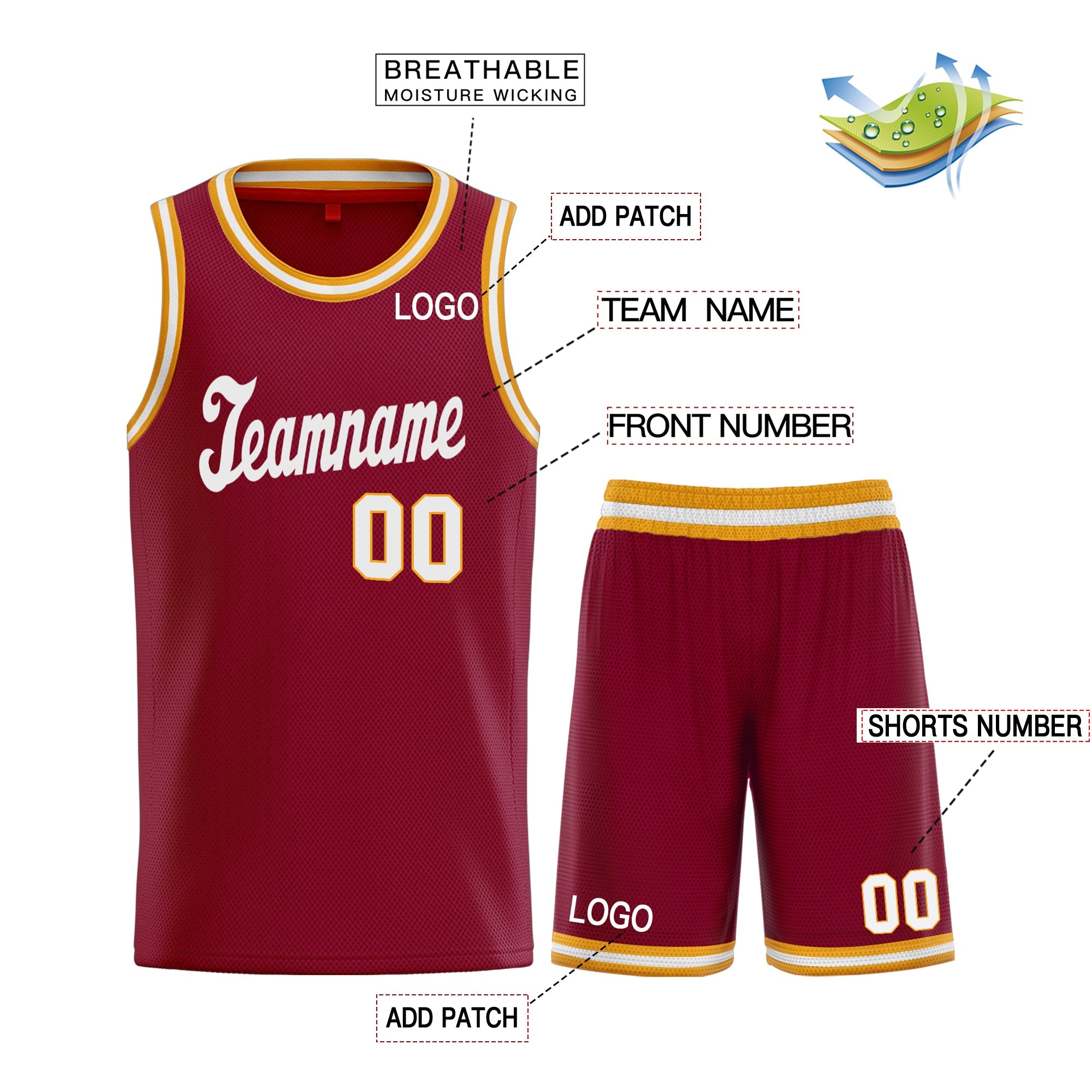 Maillot de basket-ball personnalisé rouge jaune classique