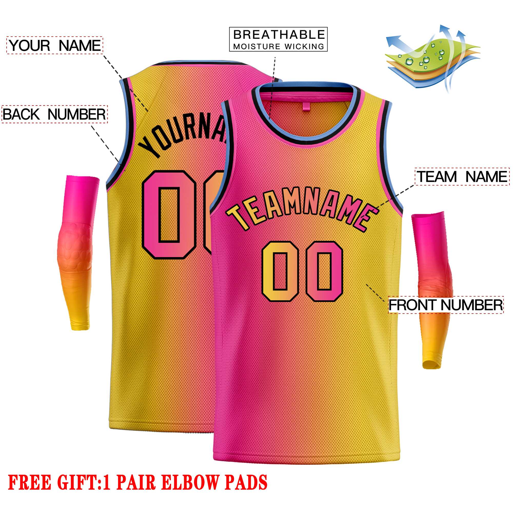 Custom Pink Yellow Black-Yellow Gradient Fashion Tops Bull Basketball Jersey