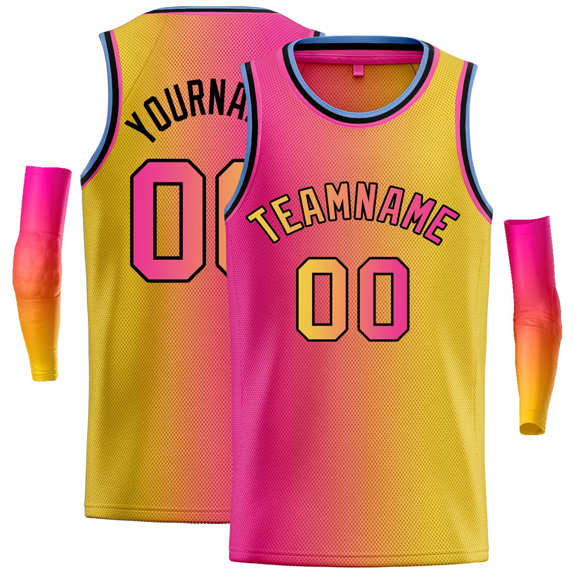 Maillot de basket-ball personnalisé, rose, jaune, noir-jaune, dégradé, hauts à la mode, Bull