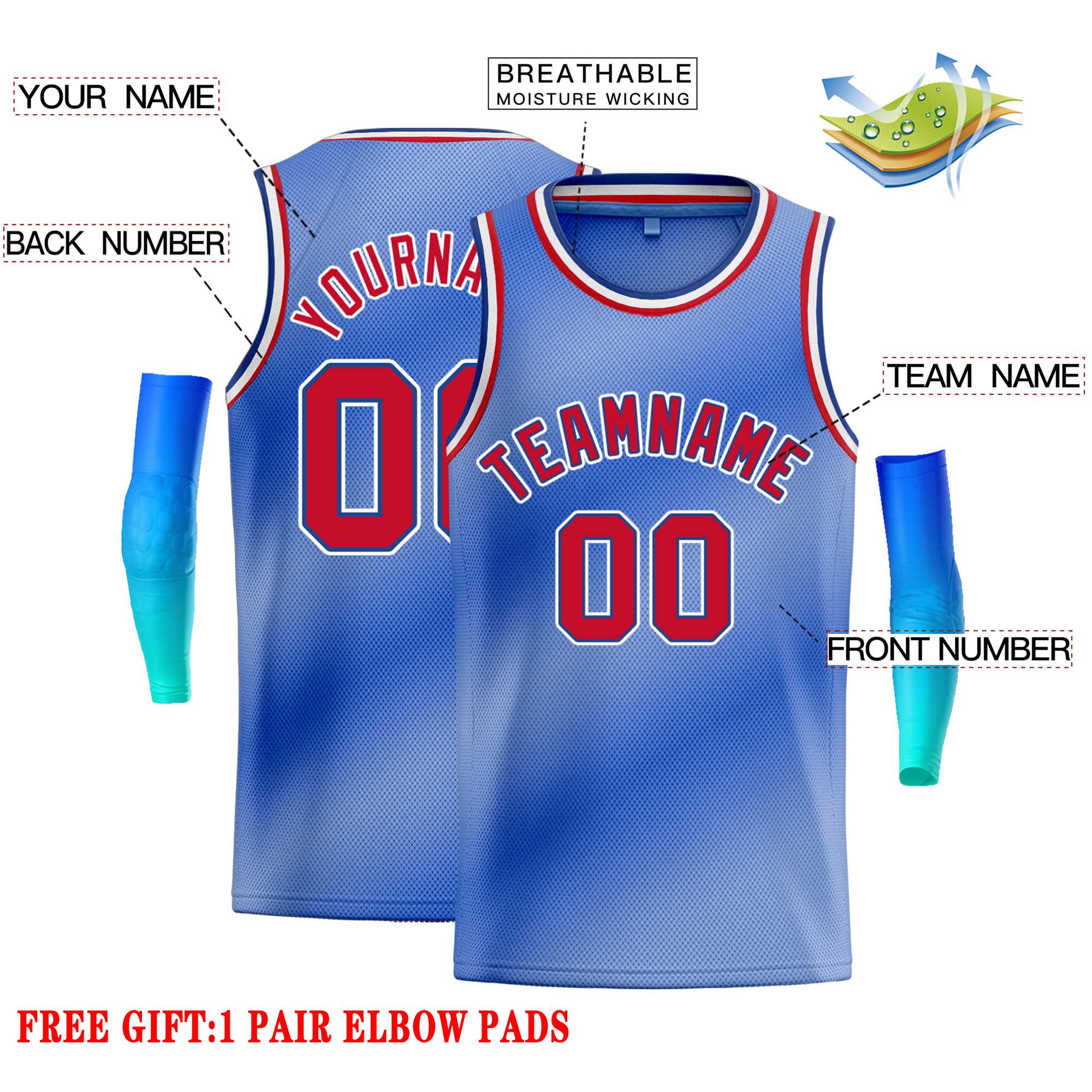 Custom Light Blue White-Red Gradient Fashion Tops Bull Basketball Jersey