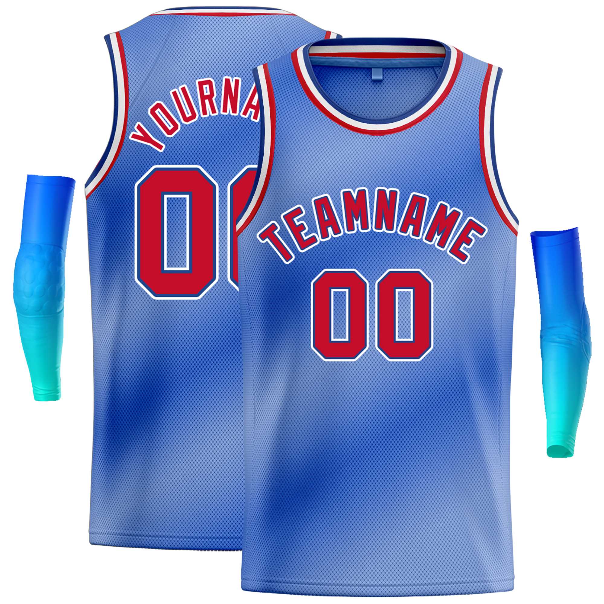 Maillot de basket-ball personnalisé, dégradé bleu clair blanc-rouge, hauts à la mode, Bull