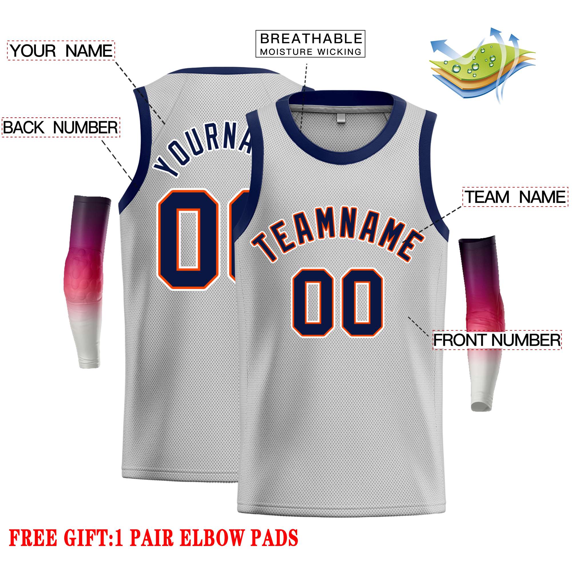 Custom Gray Navy-Orange Classic Tops Casual Basketball Jersey