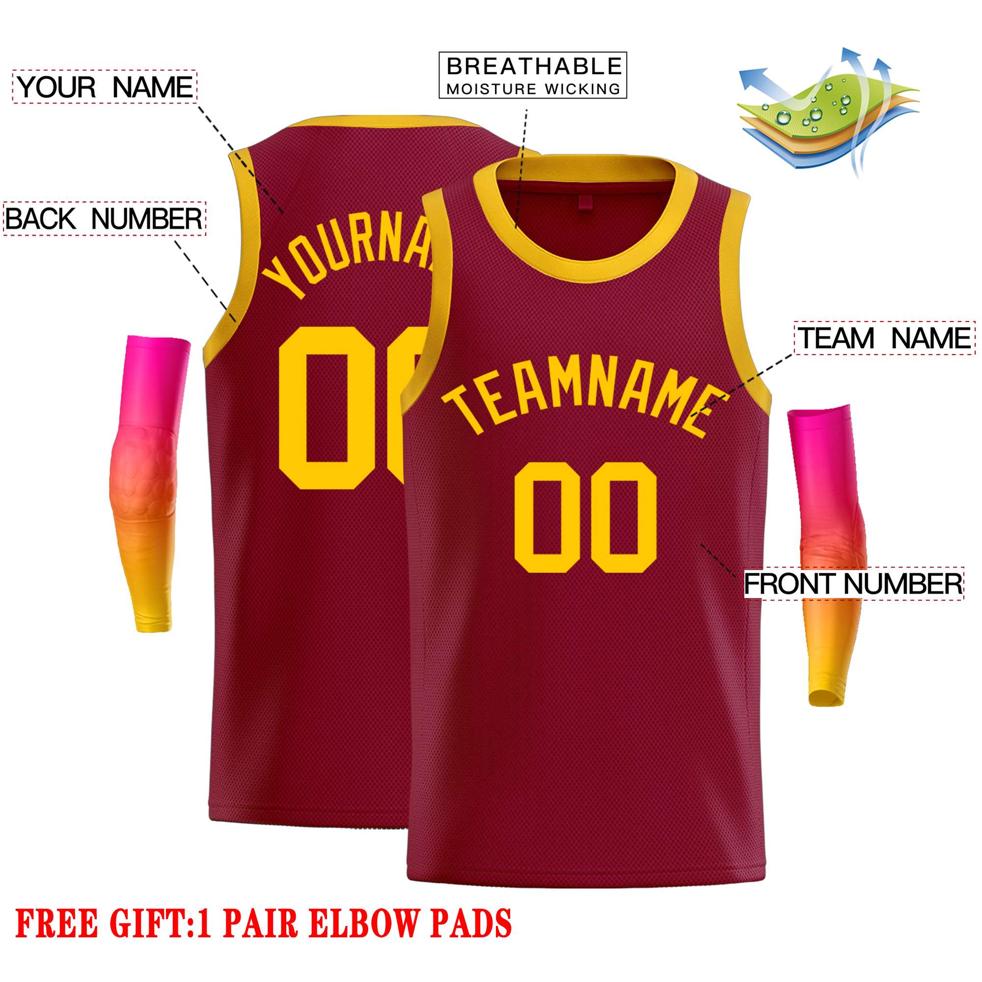 Custom Crimson Yellow Classic Tops Casual Basketball Jersey