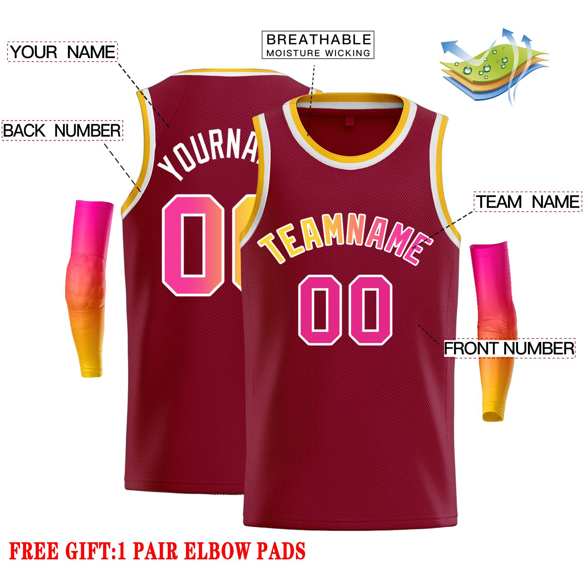 Custom Crimson Yellow-White Classic Tops Casual Basketball Jersey