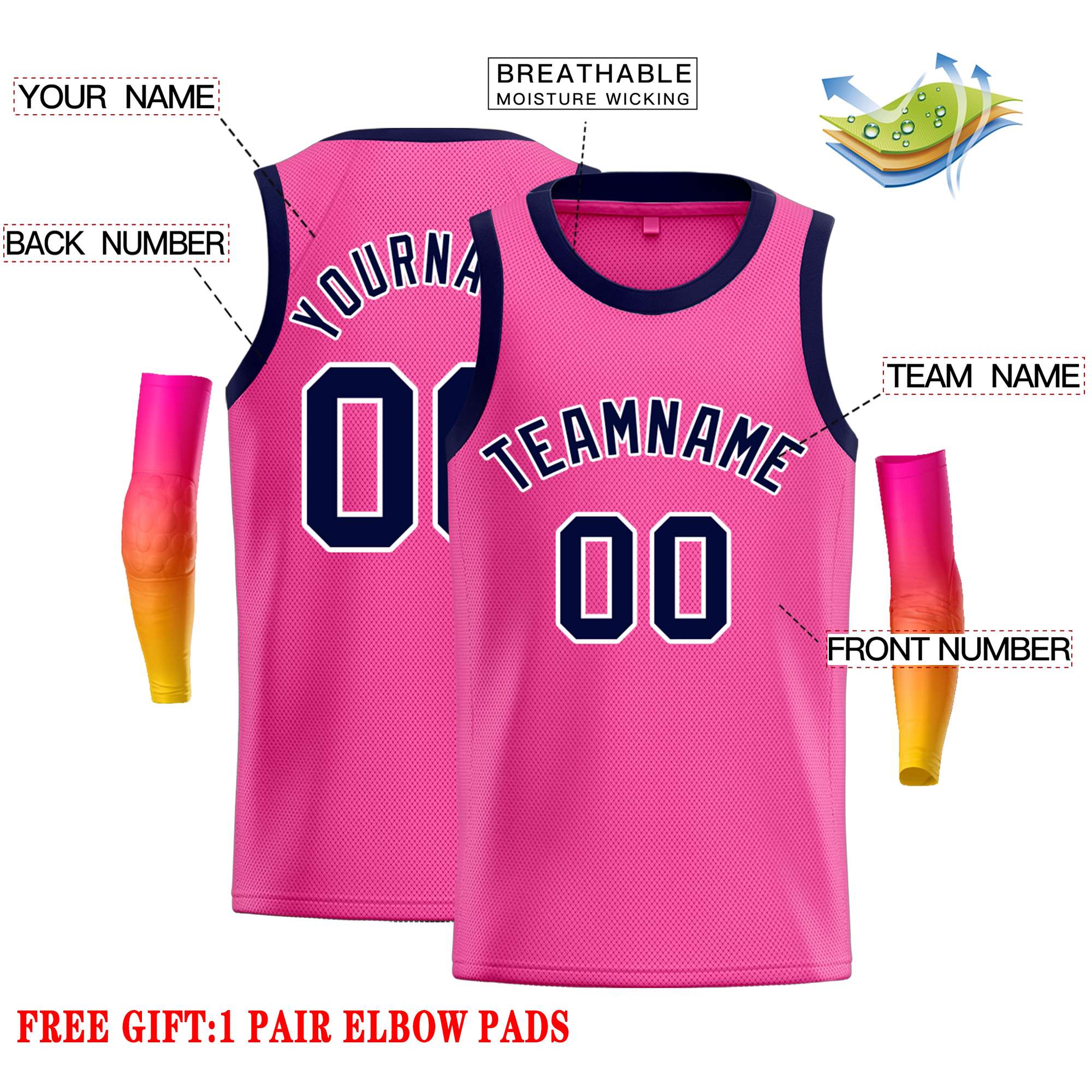 Custom Pink Navy-Yellow Classic Tops Casual Basketball Jersey