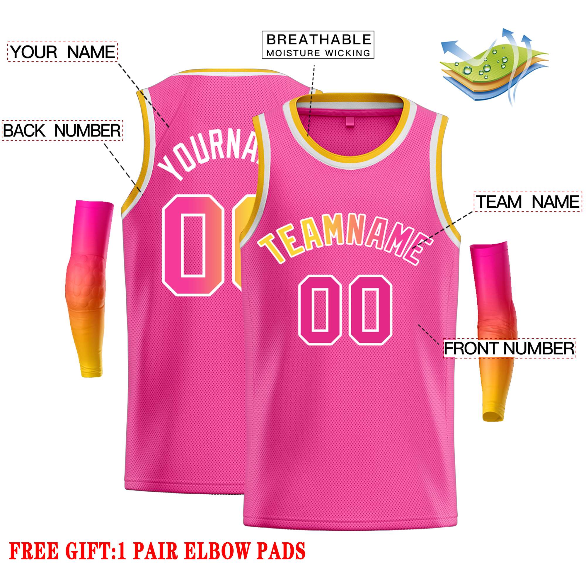 Custom Pink Yellow-White Classic Tops Casual Basketball Jersey