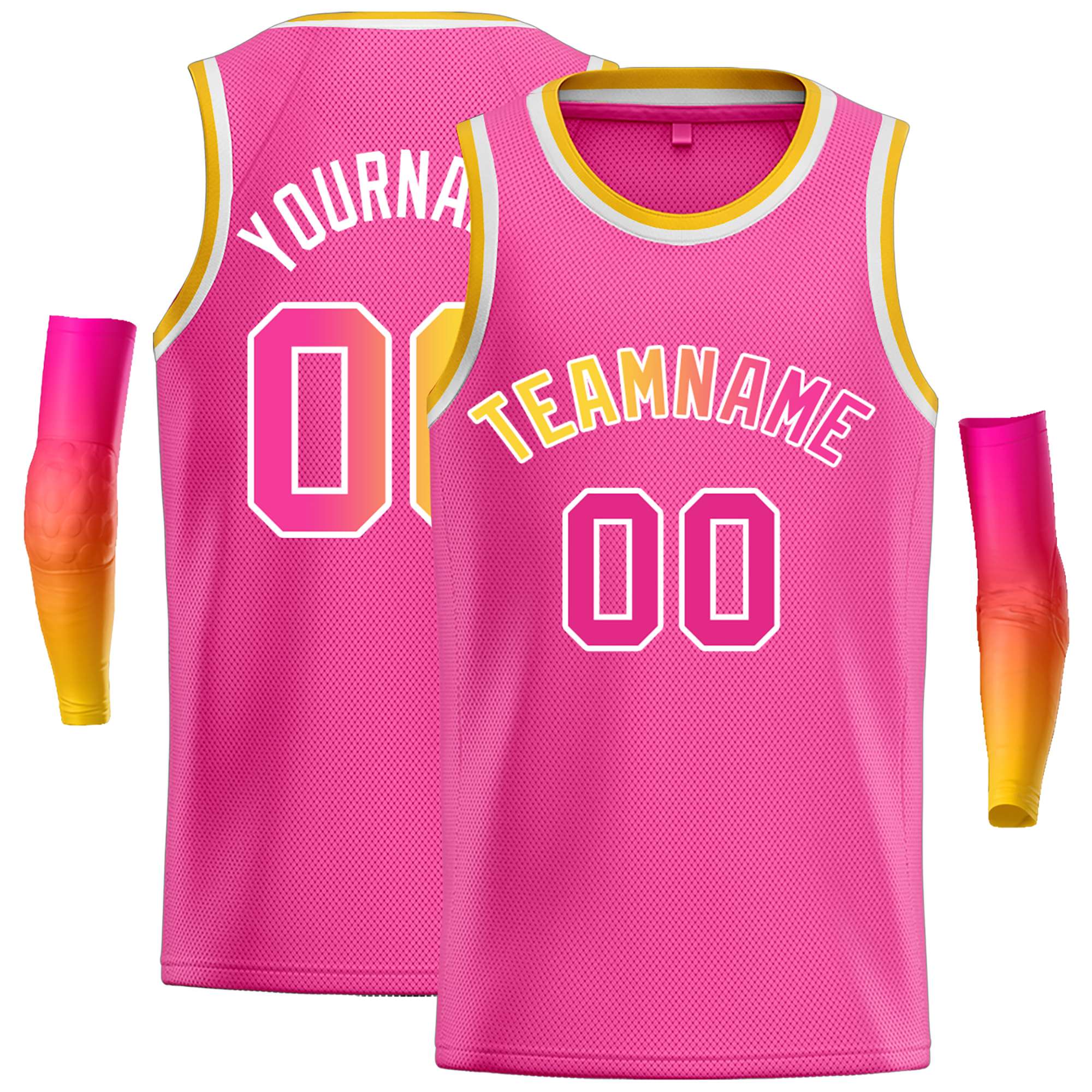 Maillot de basket-ball décontracté, haut classique rose jaune-blanc personnalisé