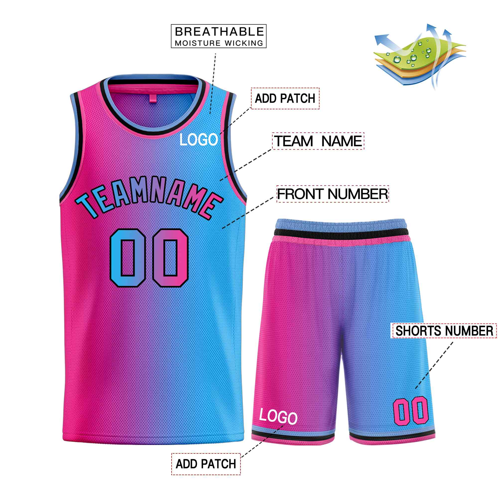 Custom Light Blue Pink-Black Bull Gradient Fashion Sets Basketball Jersey