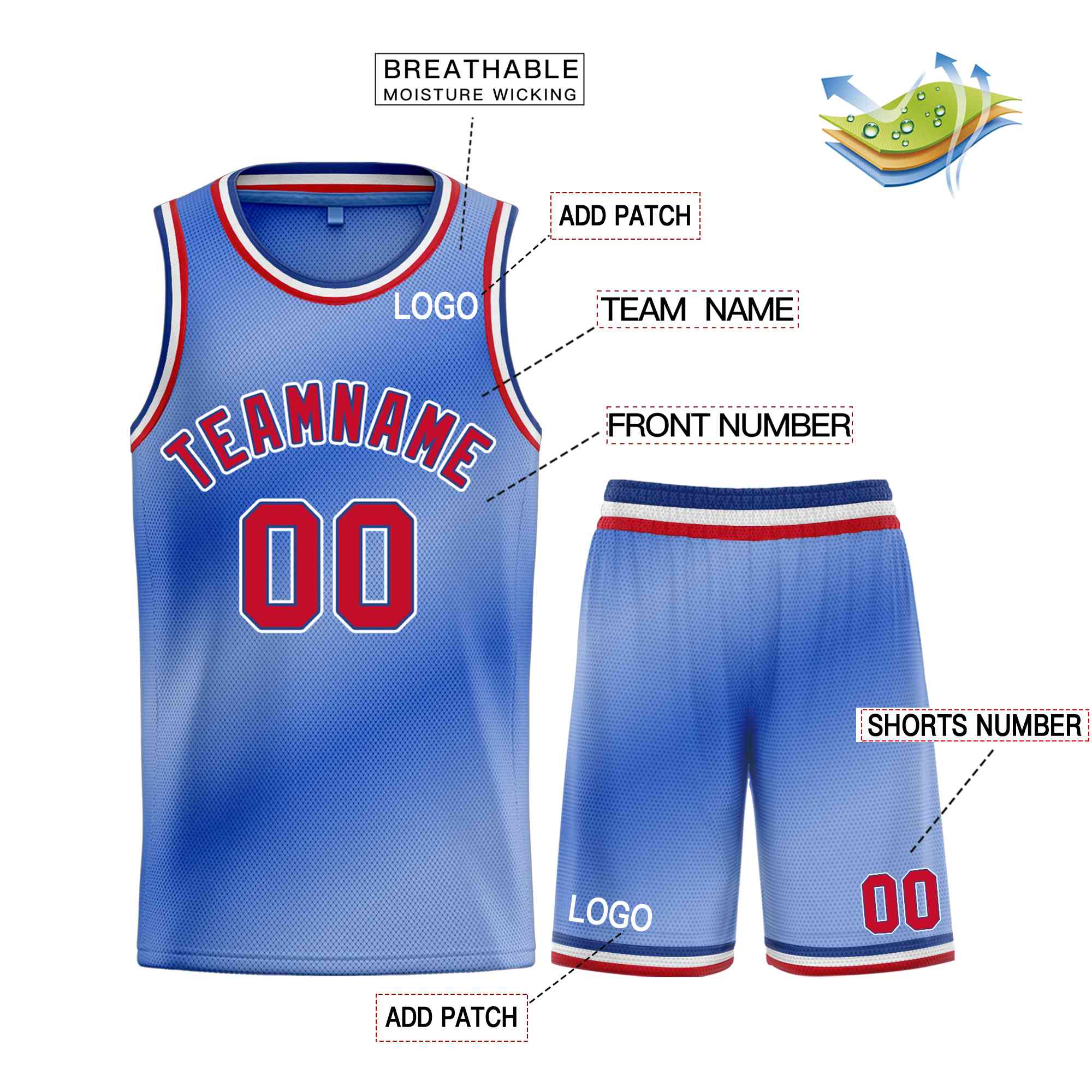 Custom Light Blue Red-Blue Bull Gradient Fashion Sets Basketball Jersey