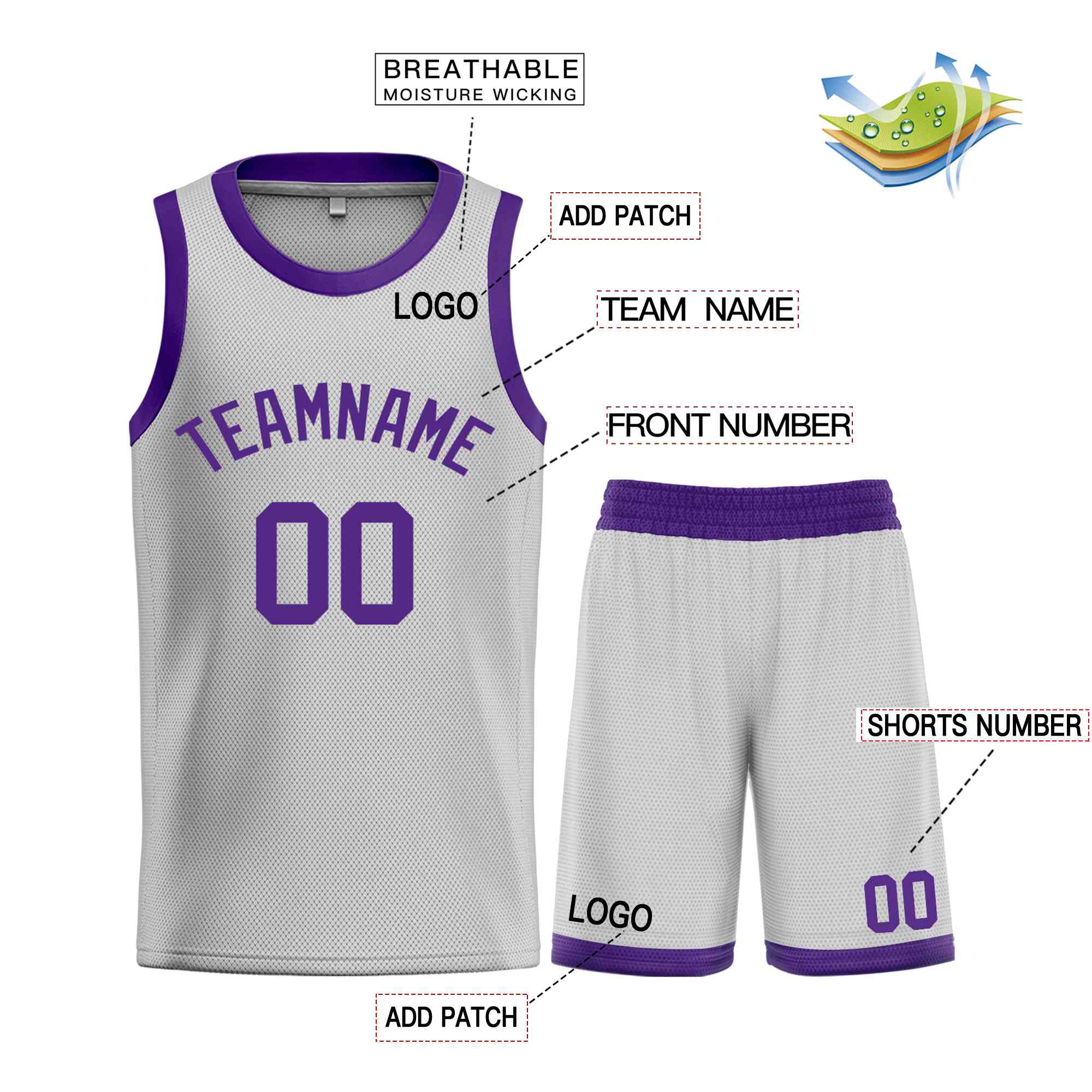 Maillot de basket-ball Bull, ensemble classique gris violet personnalisé