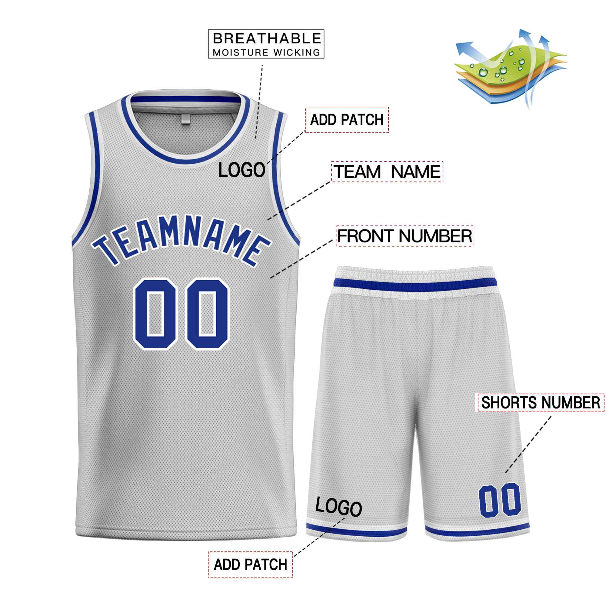 Maillot de basket-ball Bull, ensemble classique gris Royal-blanc personnalisé