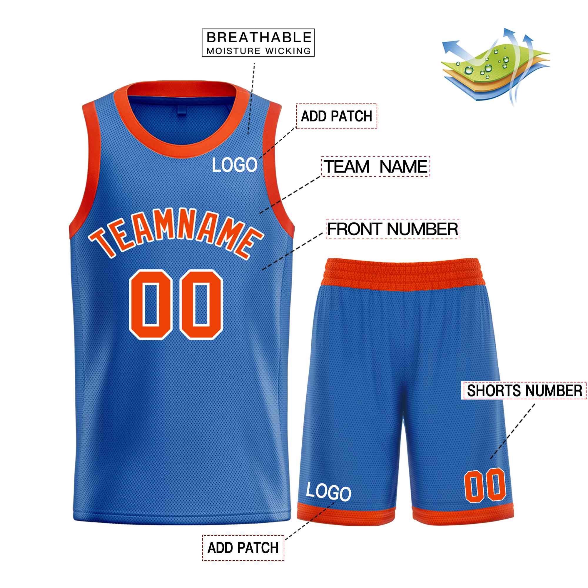 Maillot de basket-ball incurvé personnalisé, ensemble classique de taureau bleu Orange-blanc