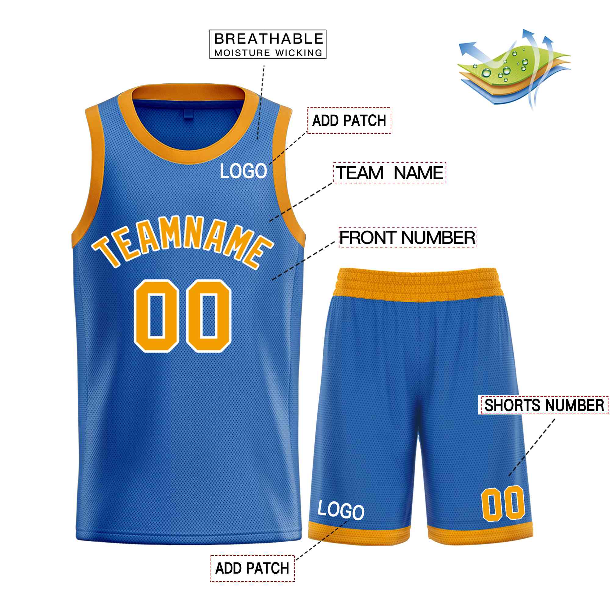 Maillot de basket-ball incurvé personnalisé, ensemble classique de taureau bleu jaune-blanc