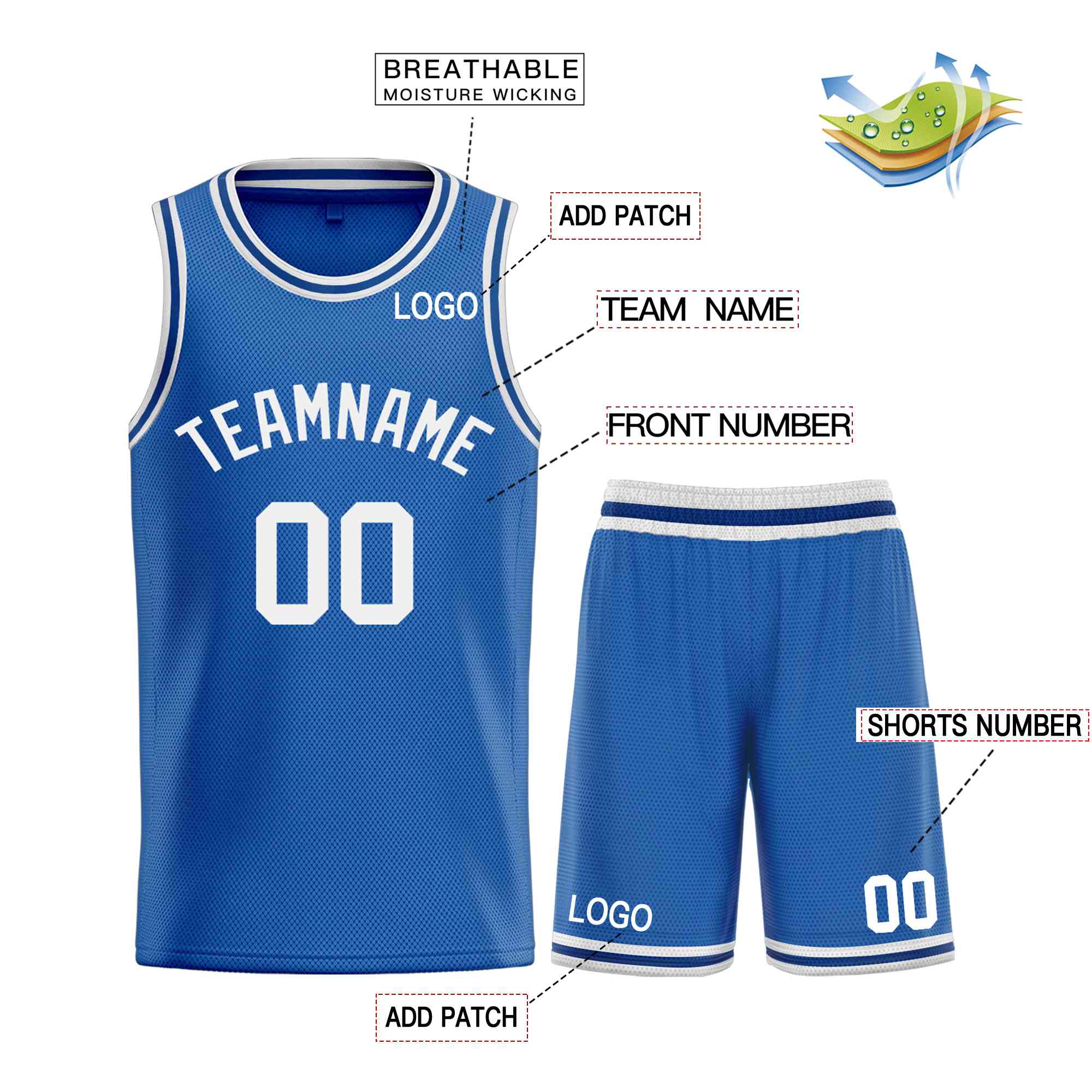 Maillot de basket-ball incurvé bleu personnalisé WhiteBull Classic