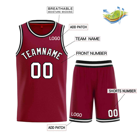 Custom Maroon White-Black Classic Sets Curved Basketball Jersey