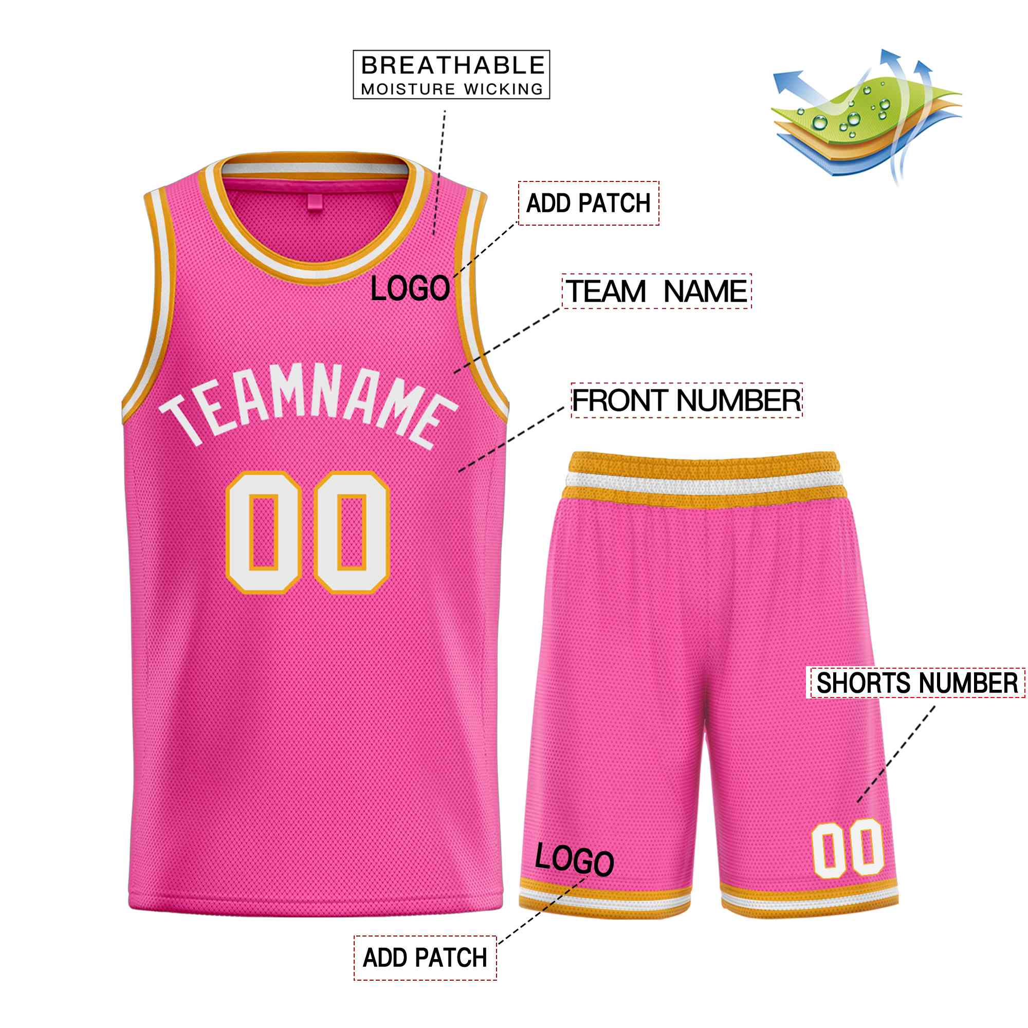 Maillot de basket-ball Bull, ensemble classique rose et blanc personnalisé