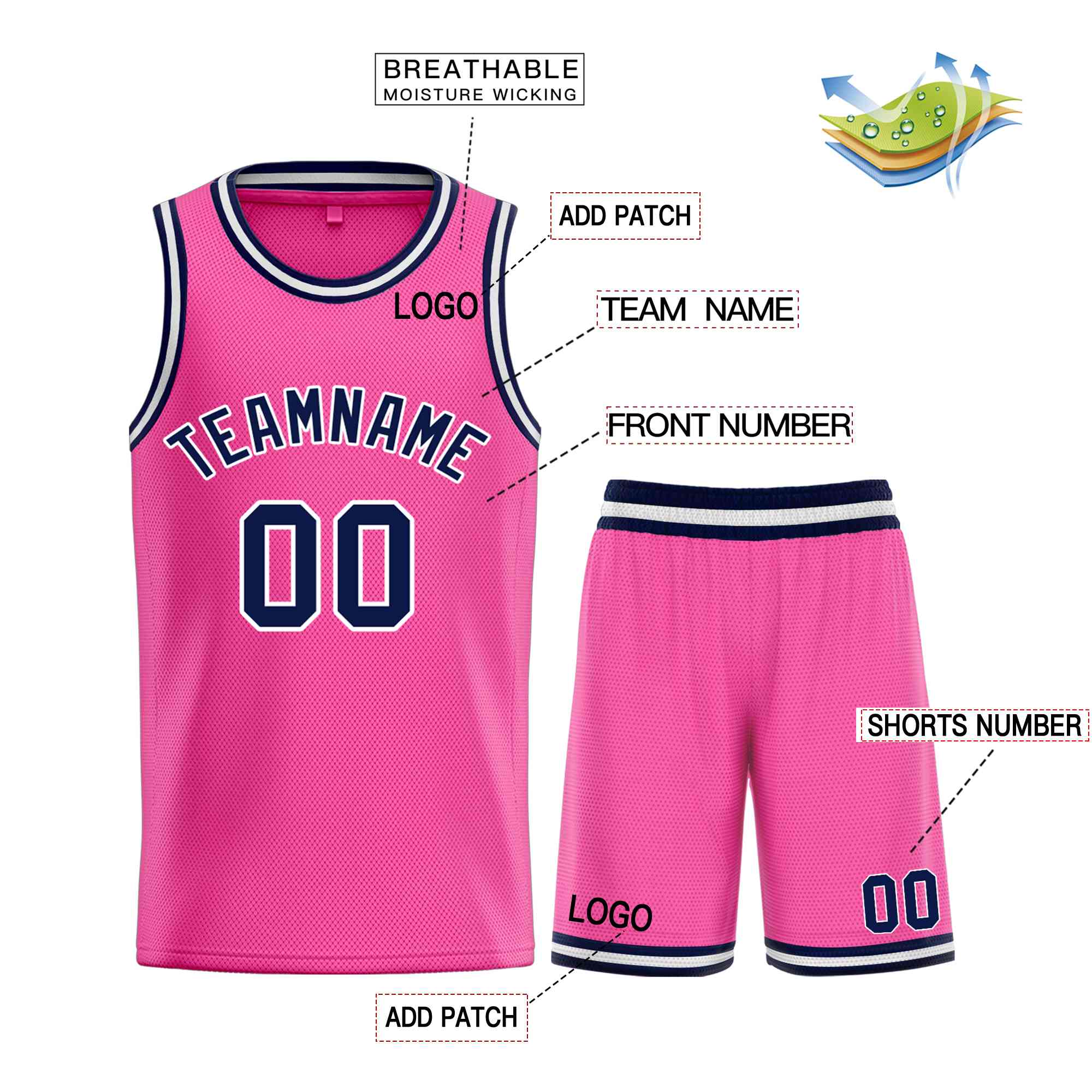 Maillot de basket-ball Bull personnalisé, ensemble classique rose marine-blanc