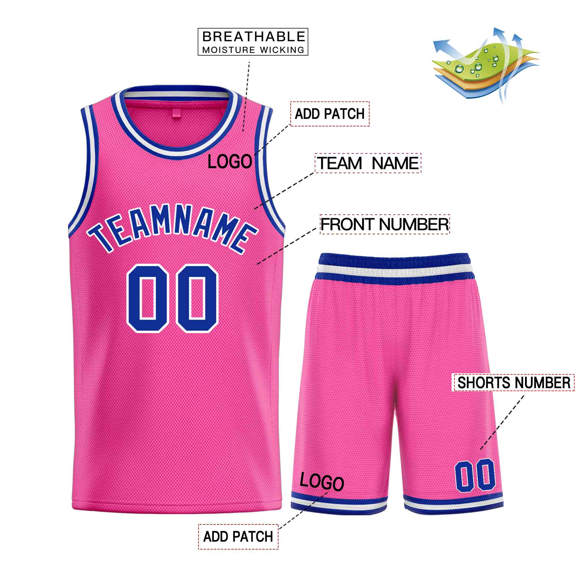 Maillot de basket-ball Bull, ensemble classique rose Royal-blanc personnalisé