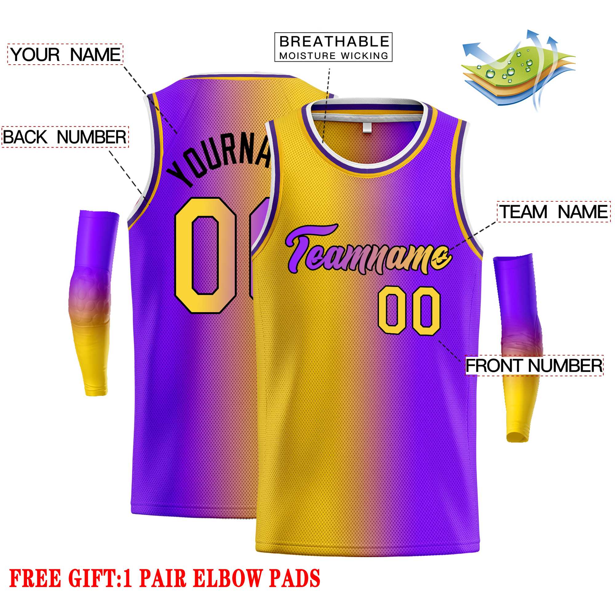 Custom Yellow Purple Black-Purple Gradient Fashion Tops Heal Basketball Jersey