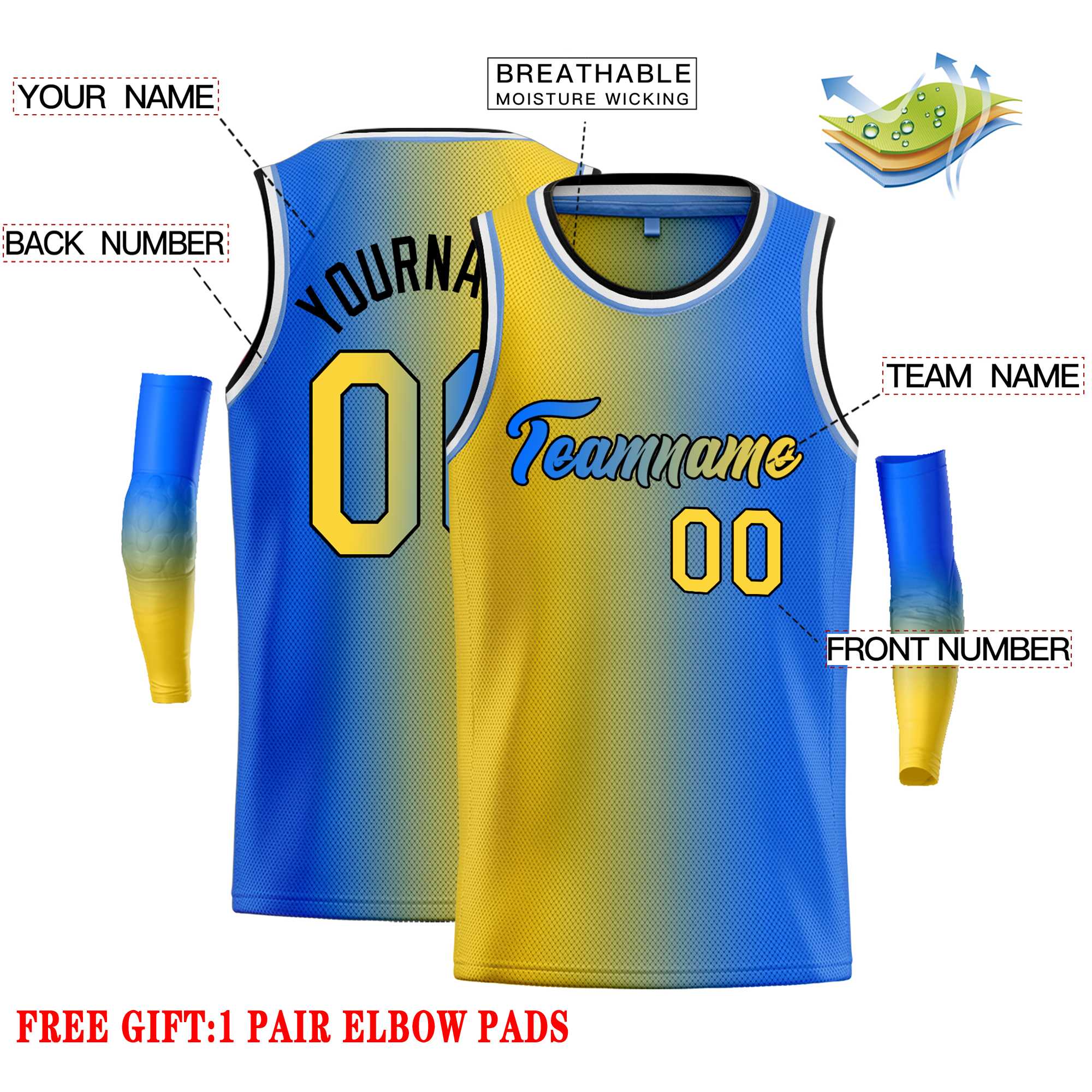 Custom Yellow Blue Black-Blue Gradient Fashion Tops Heal Basketball Jersey