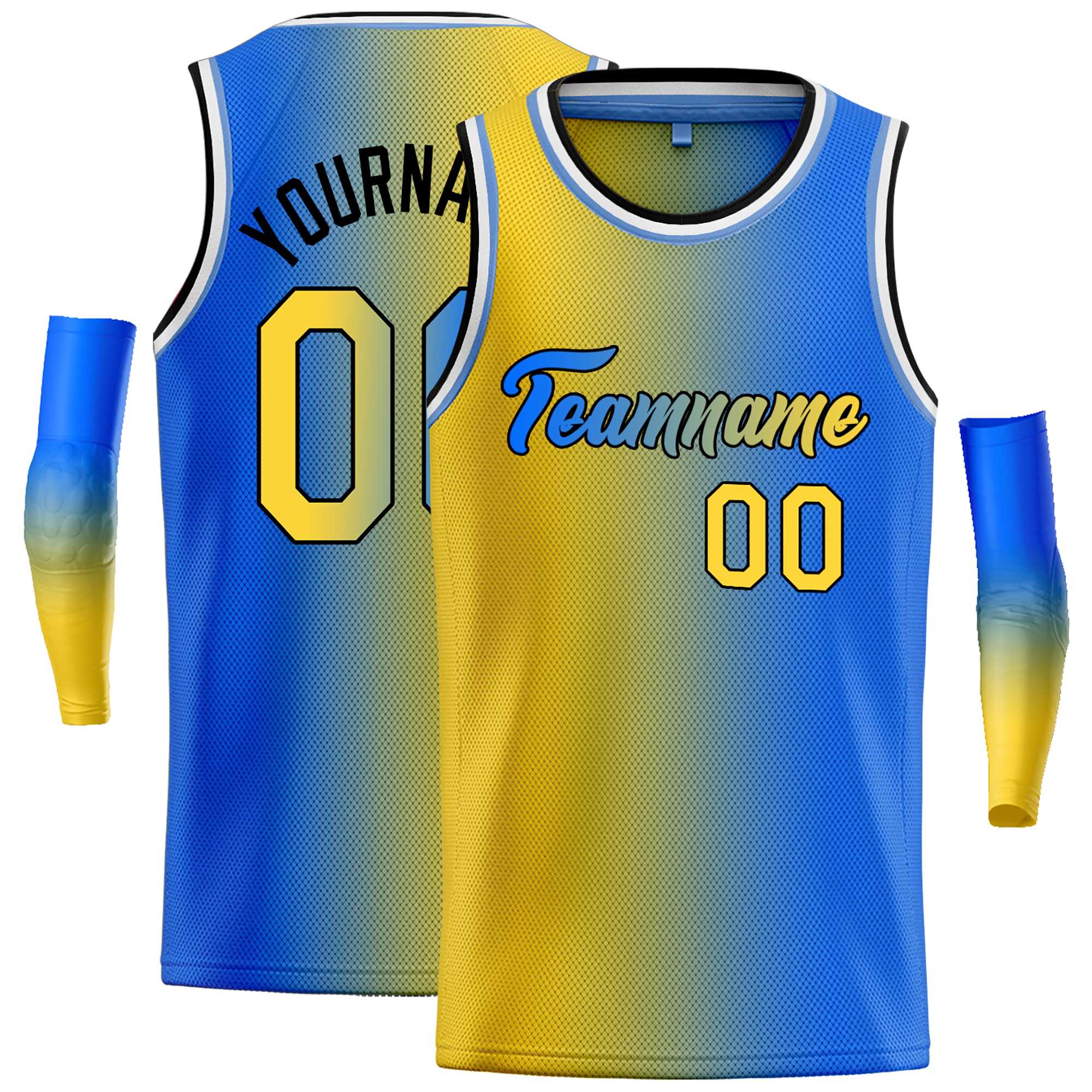 Maillot de basket-ball personnalisé, jaune, bleu, noir-bleu, dégradé, hauts à la mode, guérison