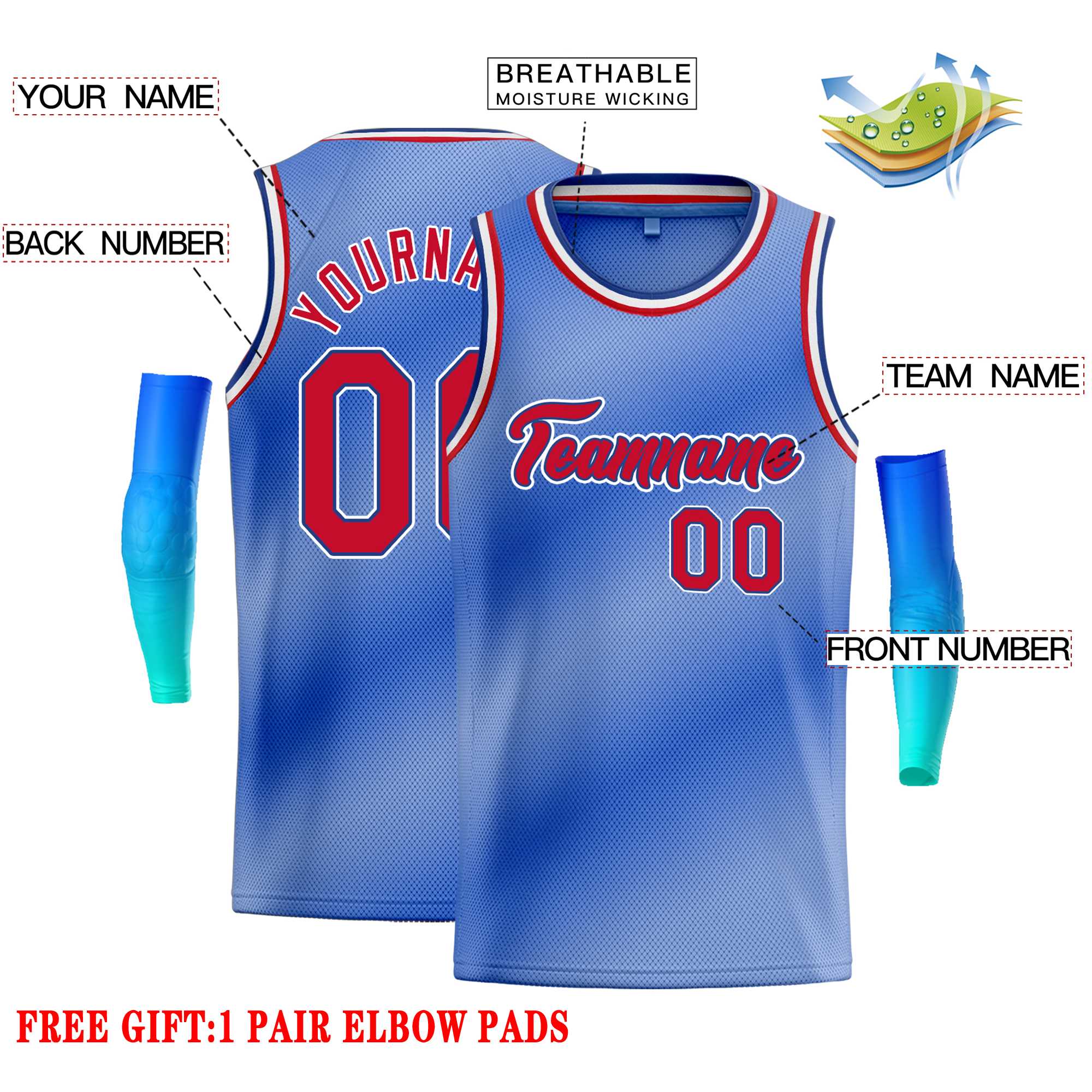 Custom Light Blue White-Red Gradient Fashion Tops Heal Basketball Jersey