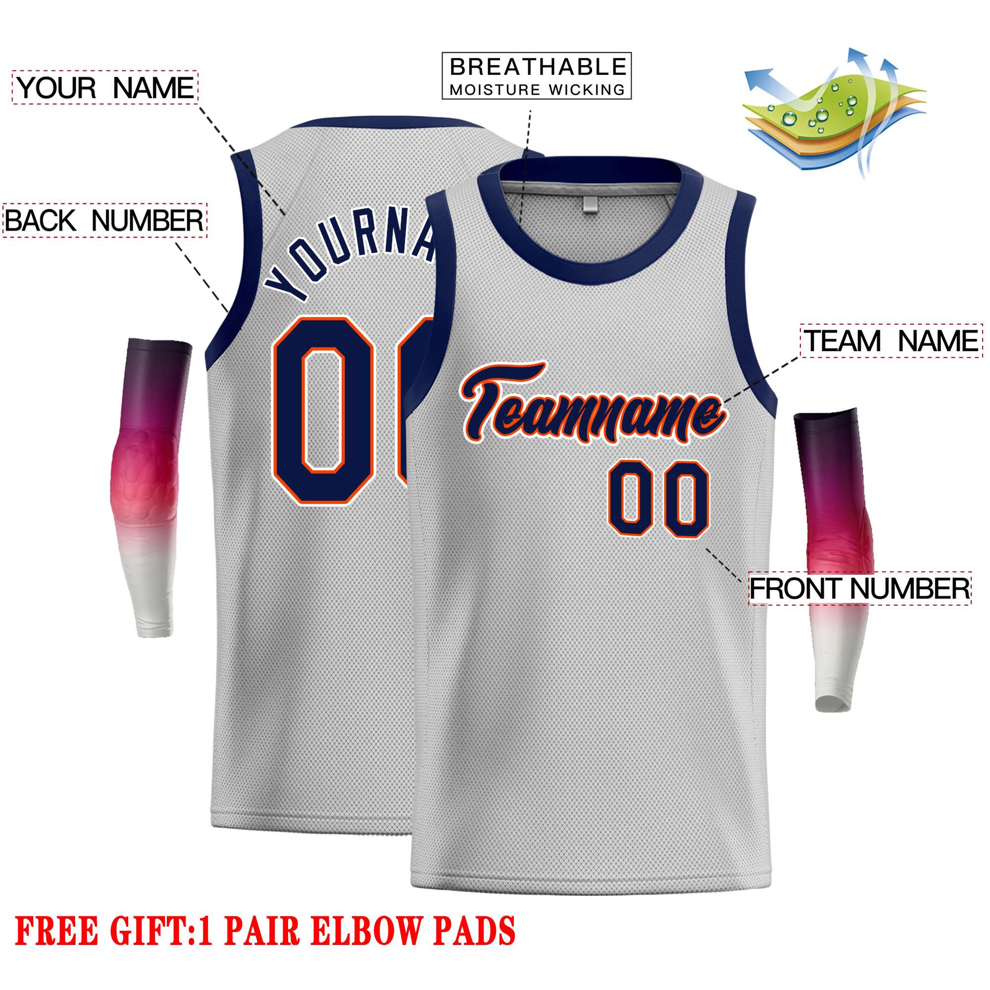 Custom Gray Navy-Orange Classic Tops Casual Basketball Jersey