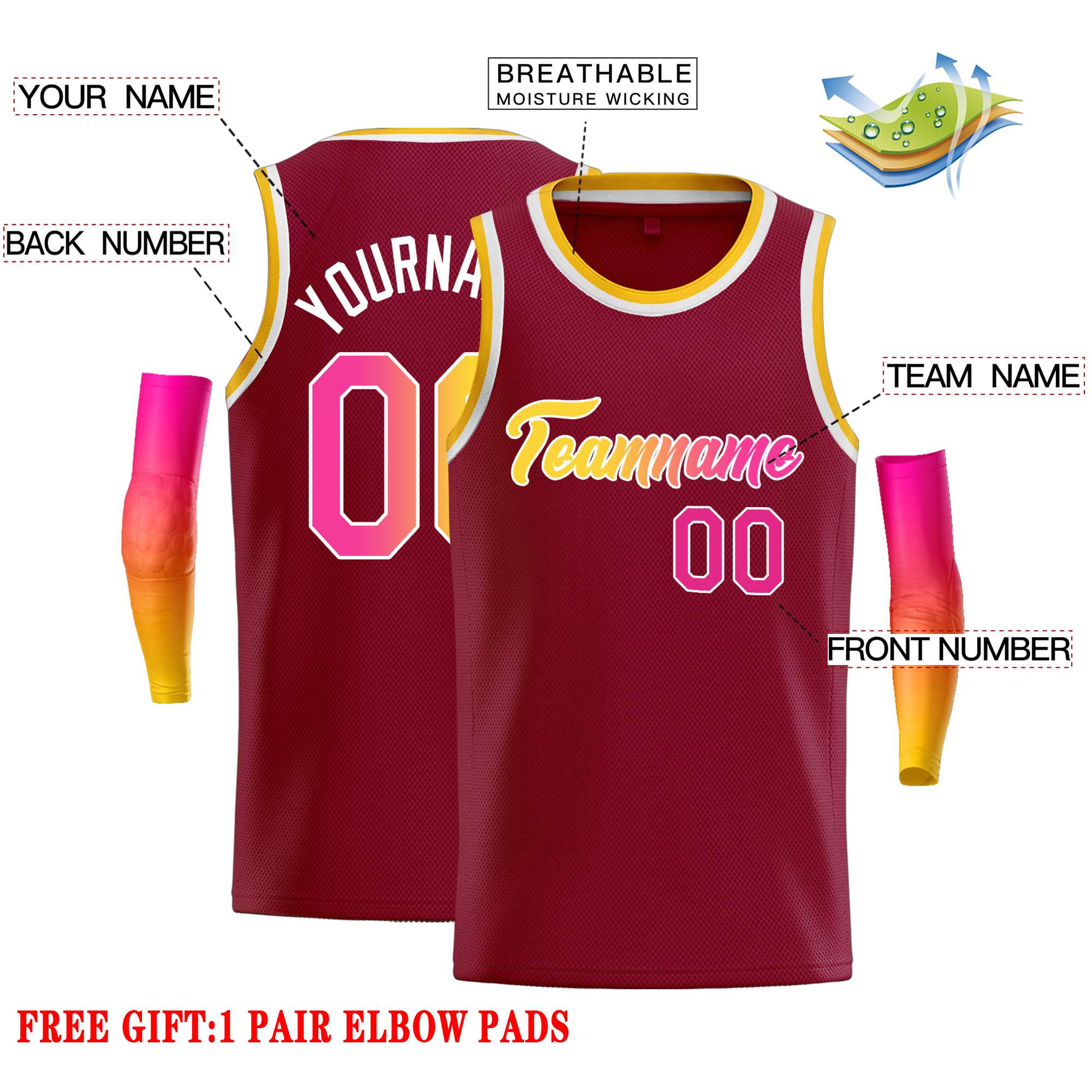 Custom Crimson Yellow-White Classic Tops Casual Basketball Jersey