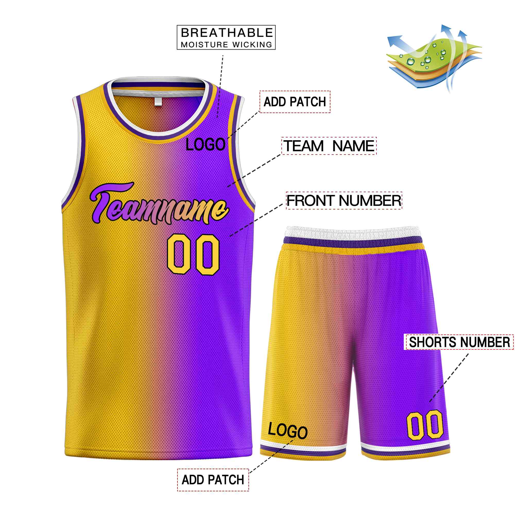 Custom Yellow Purple-Black Heal Gradient Fashion Sports Sets Uniform Basketball Jersey