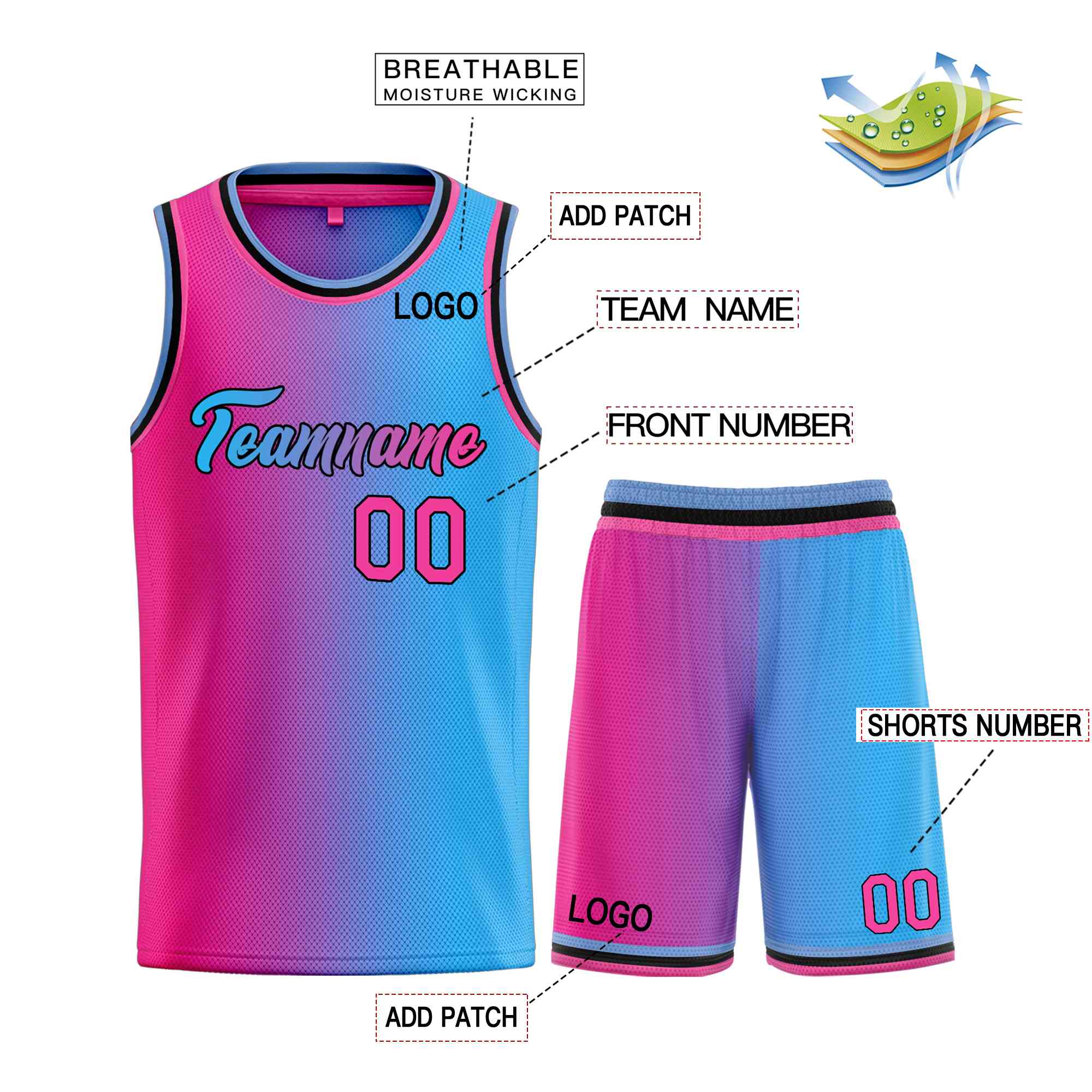 Custom Light Blue Pink-Black Heal Gradient Fashion Sports Sets Uniform Basketball Jersey