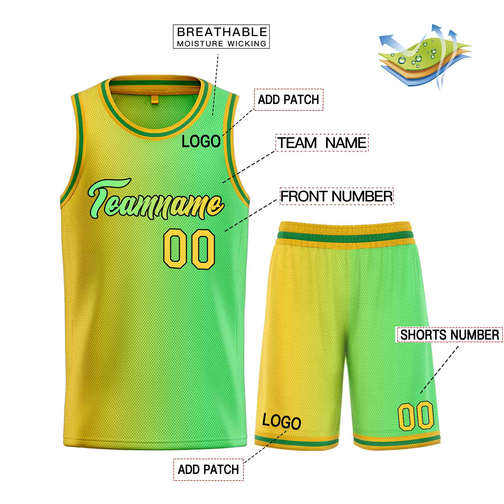 Custom Yellow Green-Black Heal Gradient Fashion Sports Sets Uniform Basketball Jersey