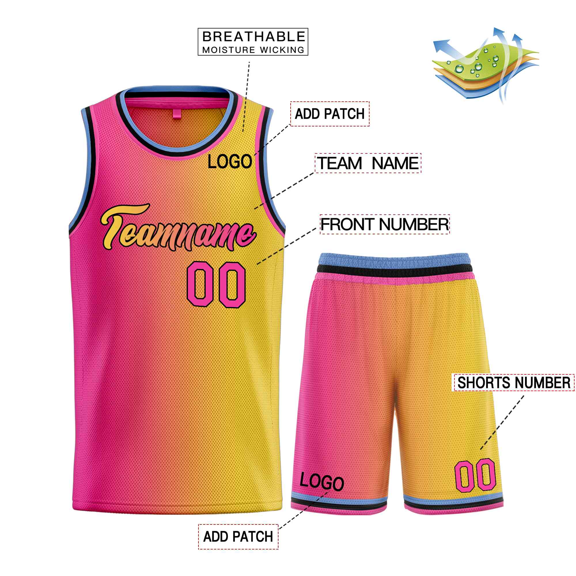 Maillot de basket-ball uniforme personnalisé, jaune, rose-noir, dégradé de guérison, ensembles de sport à la mode