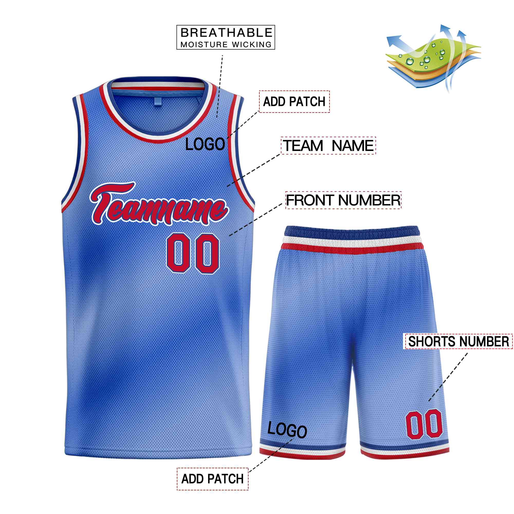 Custom Light Blue Red-Blue Heal Gradient Fashion Sports Sets Uniform Basketball Jersey