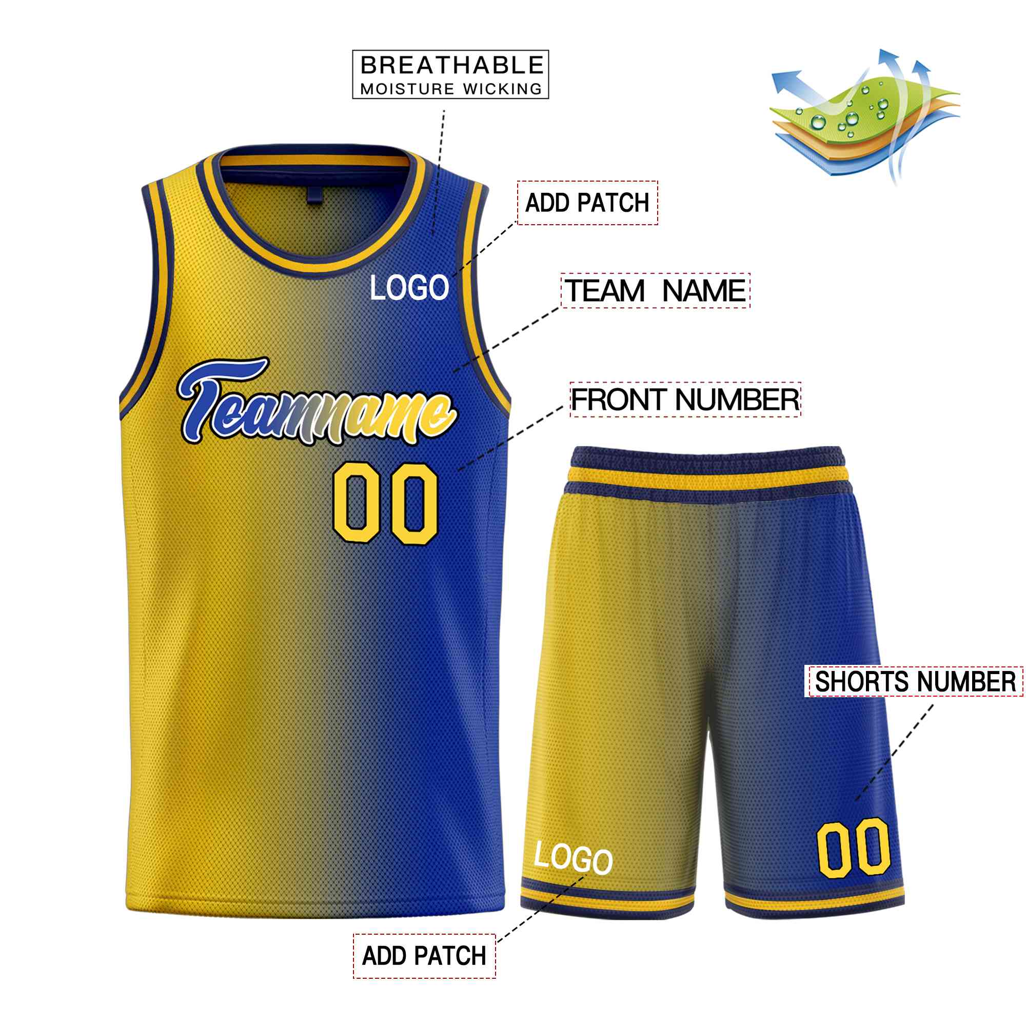 Custom Navy Yellow-Black Heal Gradient Fashion Sports Sets Uniform Basketball Jersey