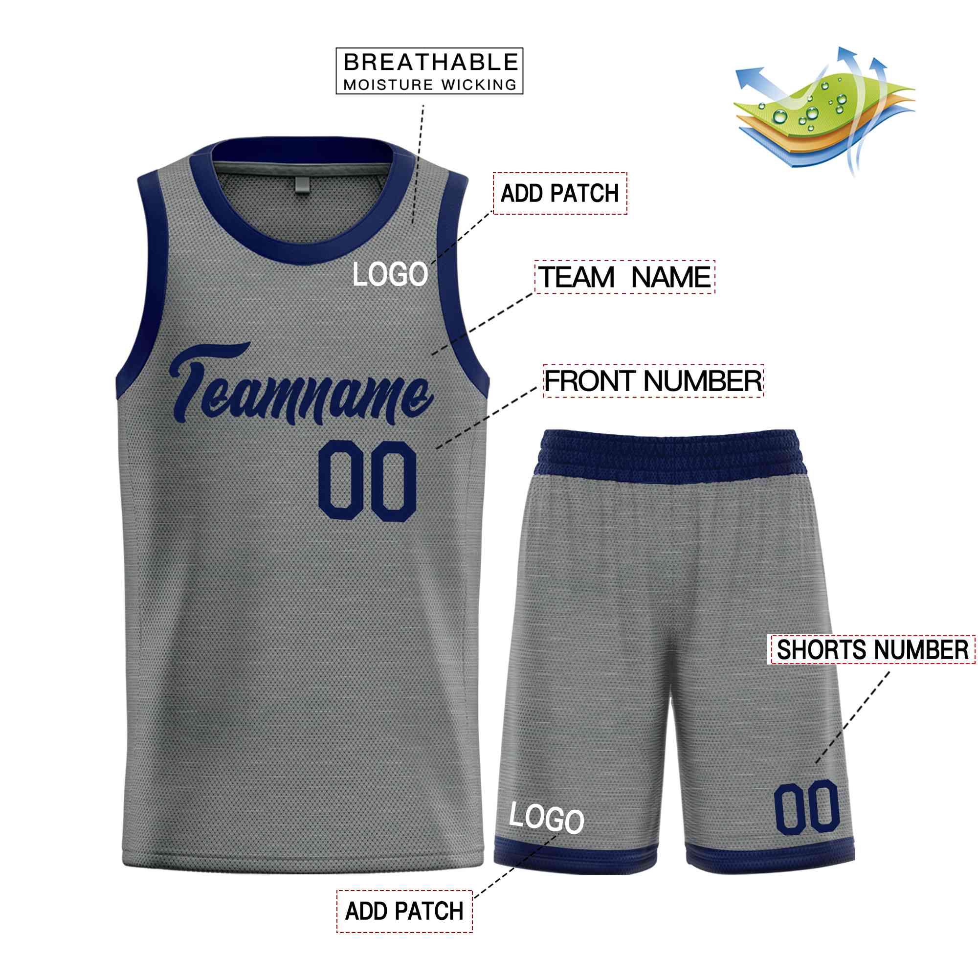 Uniforme de sport de guérison de la marine gris foncé personnalisé, ensembles classiques de maillot de basket-ball