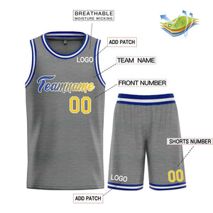 Uniforme de sport de guérison personnalisé gris foncé jaune-blanc, ensembles classiques, maillot de basket-ball